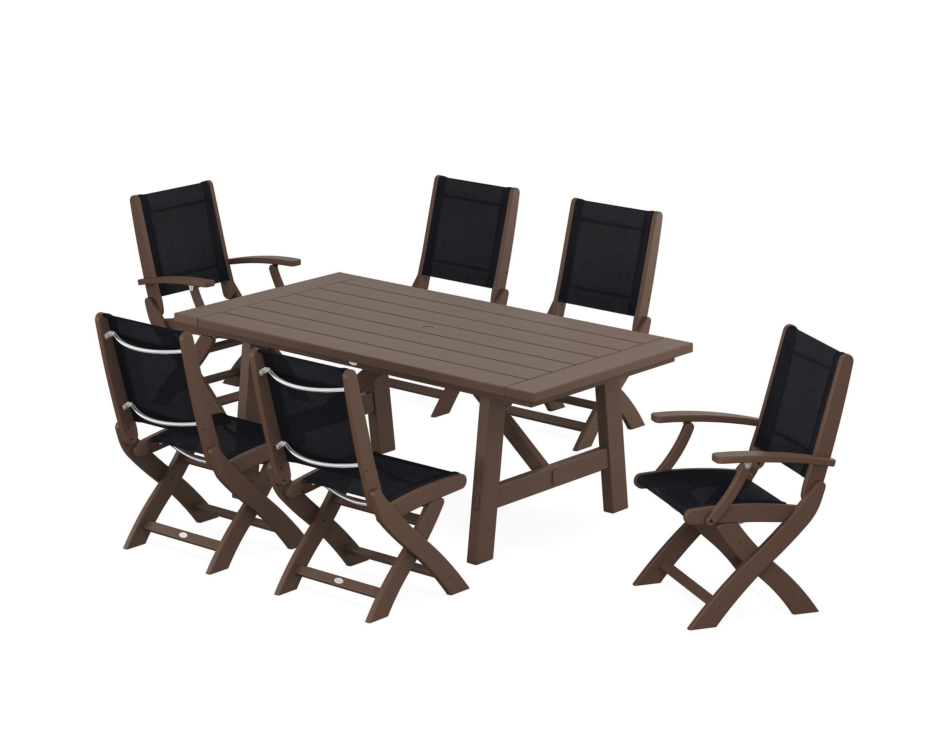 Coastal Folding Chair 7-Piece Rustic Farmhouse Dining Set in Mahogany / Black Sling