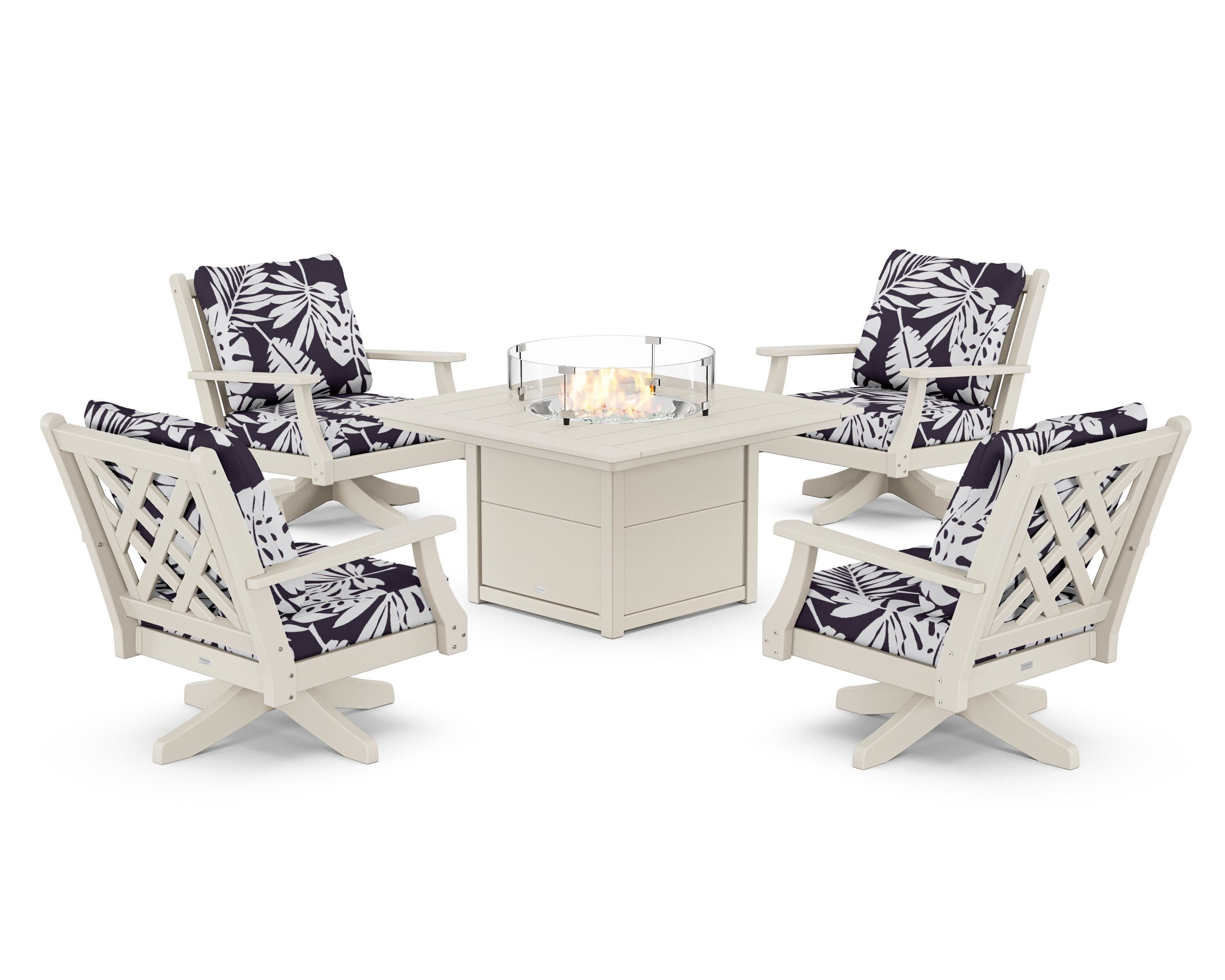 Wovendale 5-Piece Deep Seating Swivel Conversation Set with Fire Pit Table in Sand / Leaf Navy