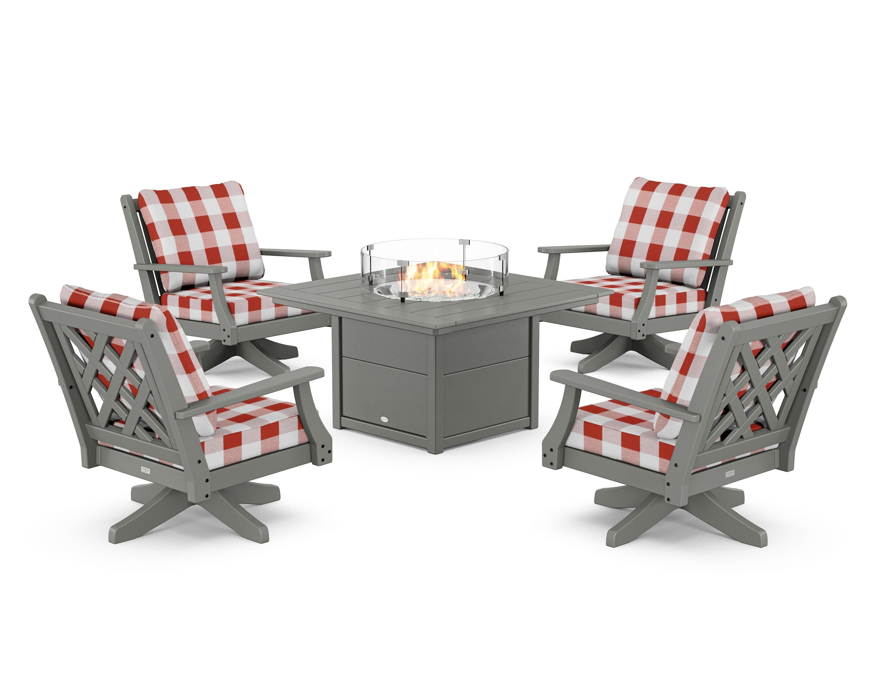 Wovendale 5-Piece Deep Seating Swivel Conversation Set with Fire Pit Table in Slate Grey / Buffalo Plaid Crimson
