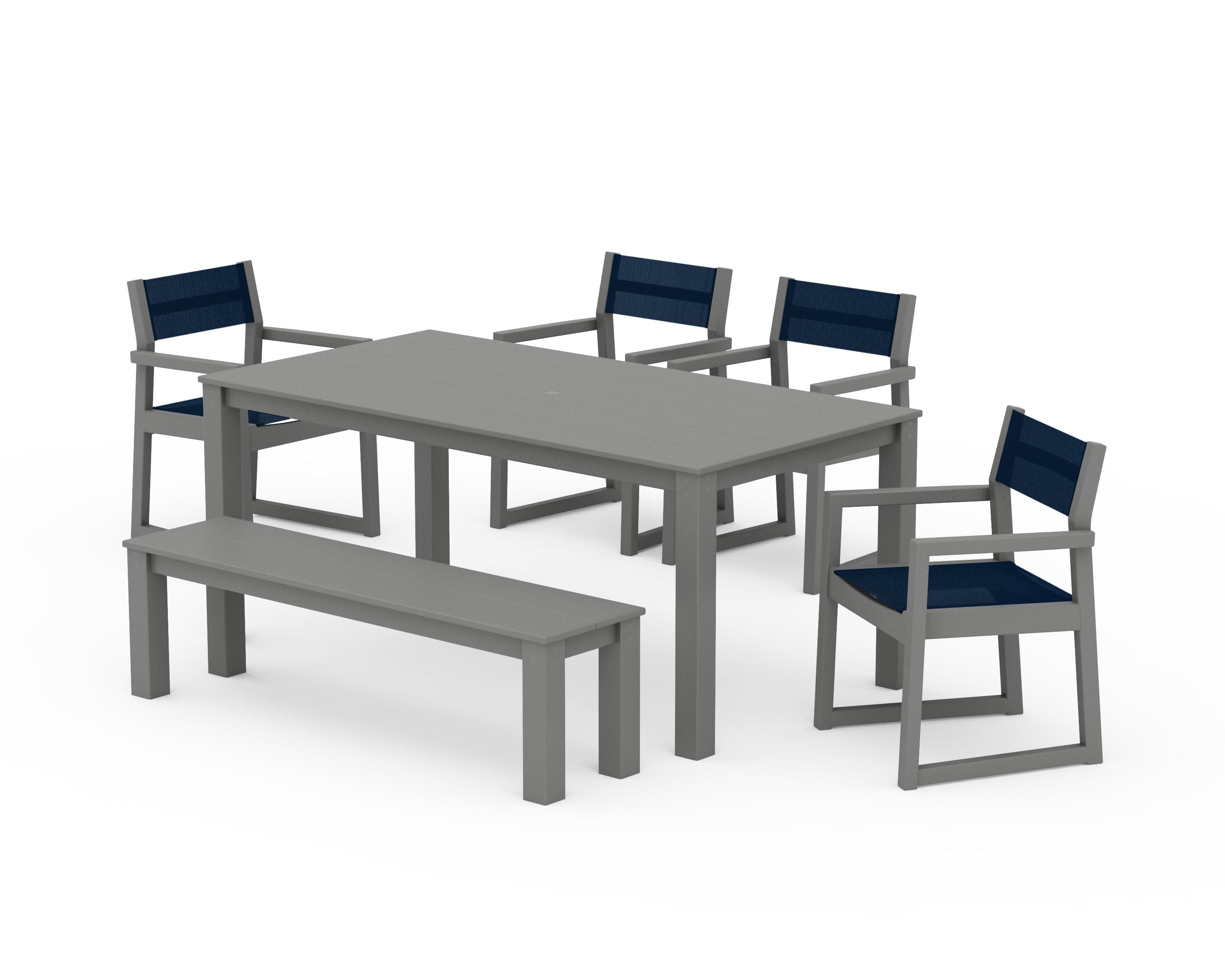 EDGE Sling Arm Chair 6-Piece Parsons Dining Set with Bench in Slate Grey / Navy Blue Sling