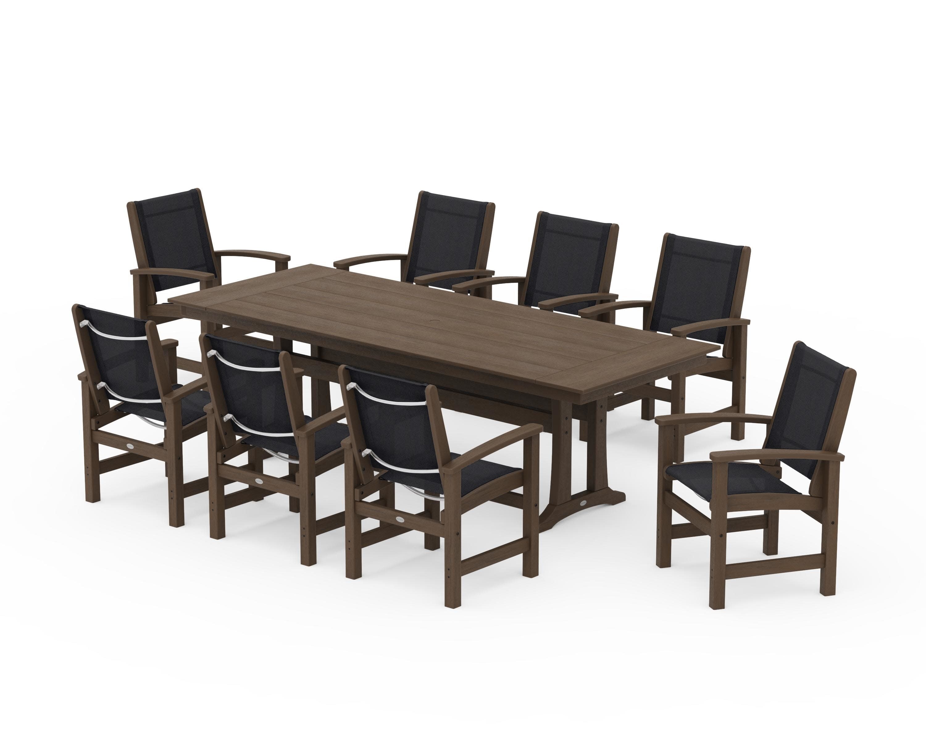Coastal 9-Piece Farmhouse Dining Set with Trestle Legs in Kona / Black Sling