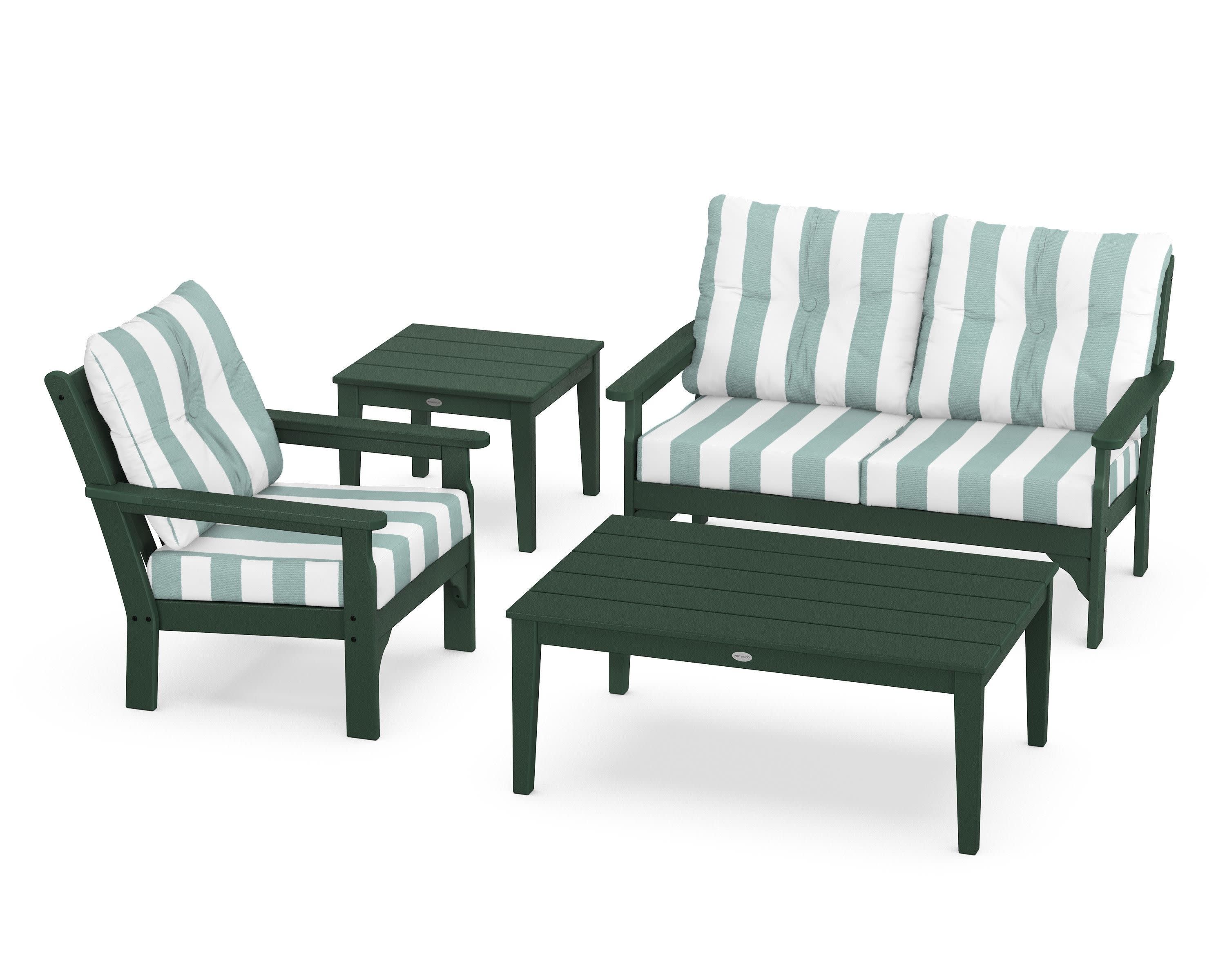 Vineyard 4-Piece Deep Seating Set in Green / Cabana Stripe Glacier Spa