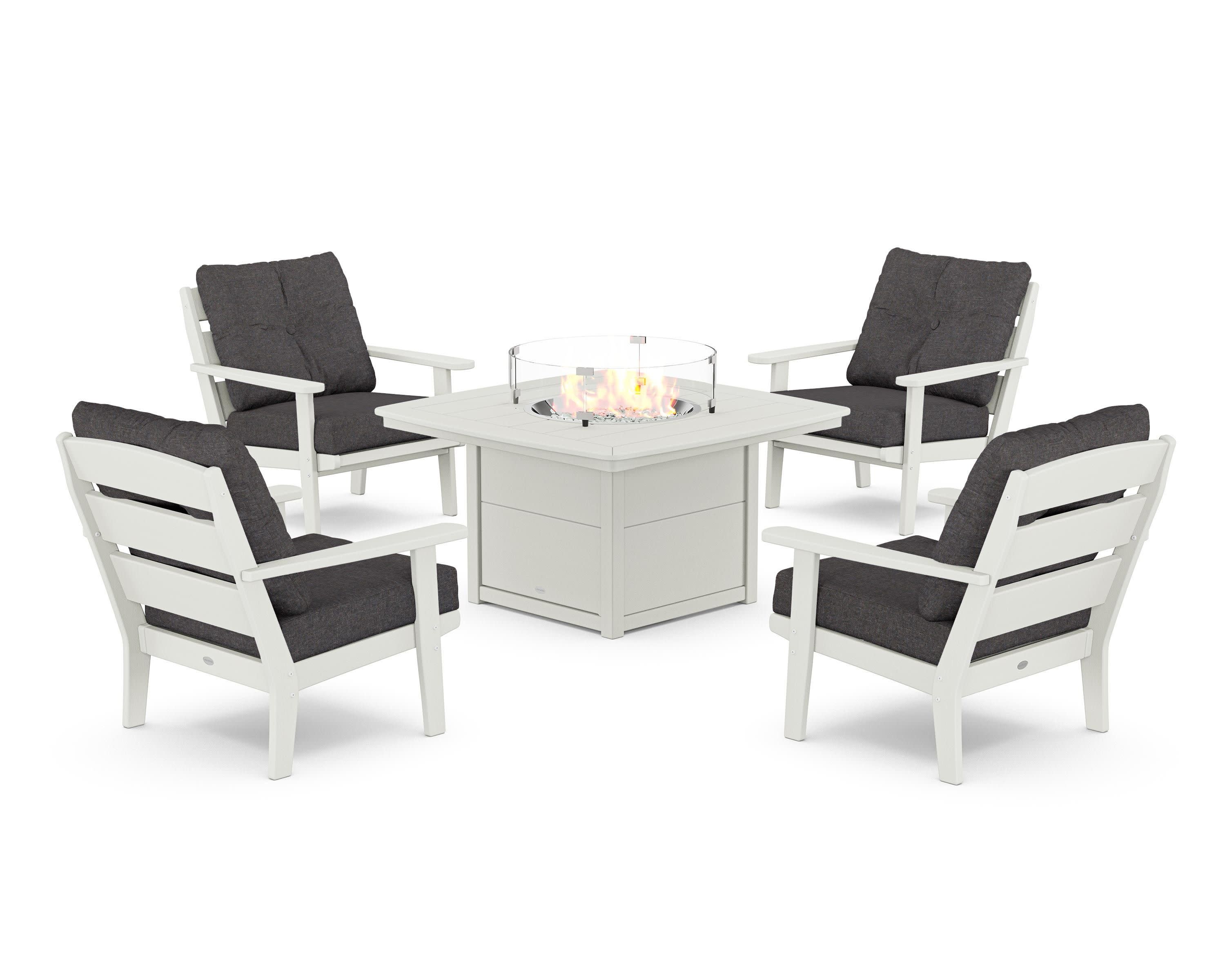 Lakeside 5-Piece Deep Seating Set with Nautical Fire Pit Table in Vintage White / Ash Charcoal
