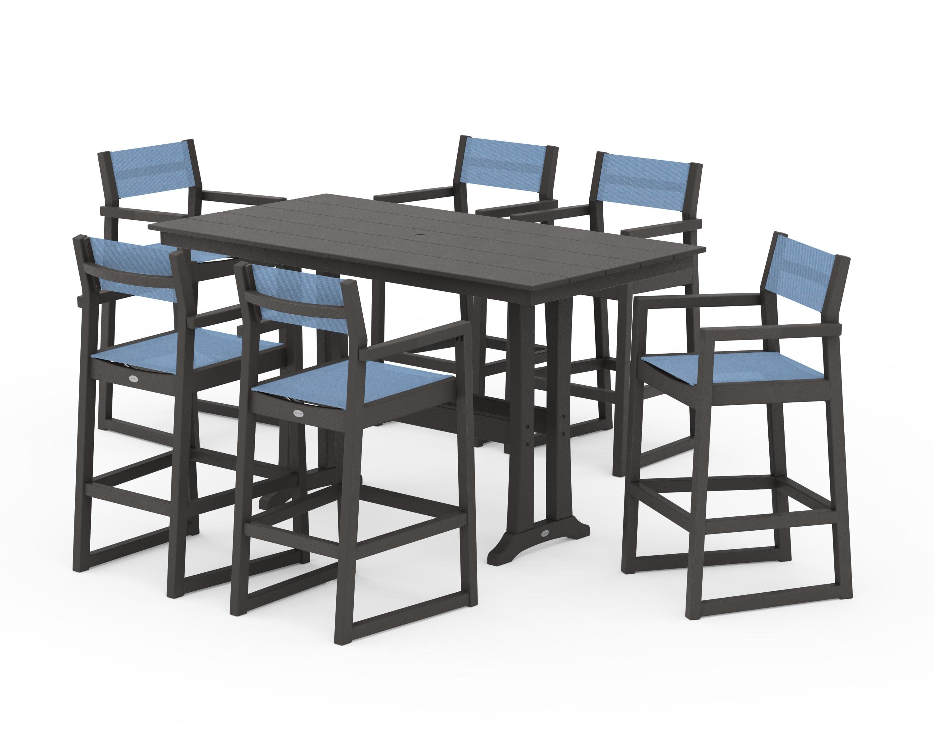 EDGE Sling Arm Chair 7-Piece Farmhouse Bar Set with Trestle Legs in Vintage Coffee / Poolside Sling