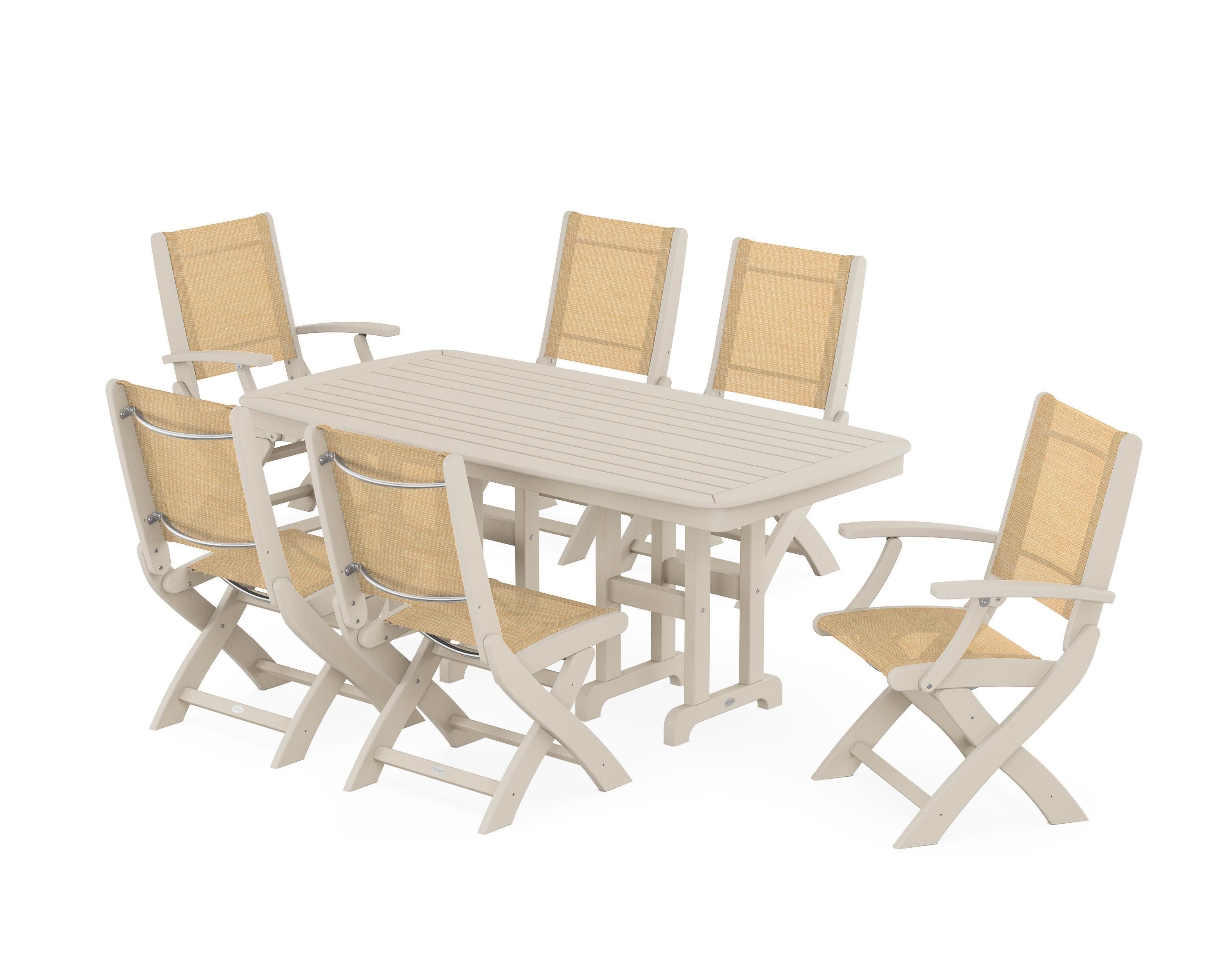 Coastal Folding Chair 7-Piece Dining Set in Sand / Dupioni Apricot Sling