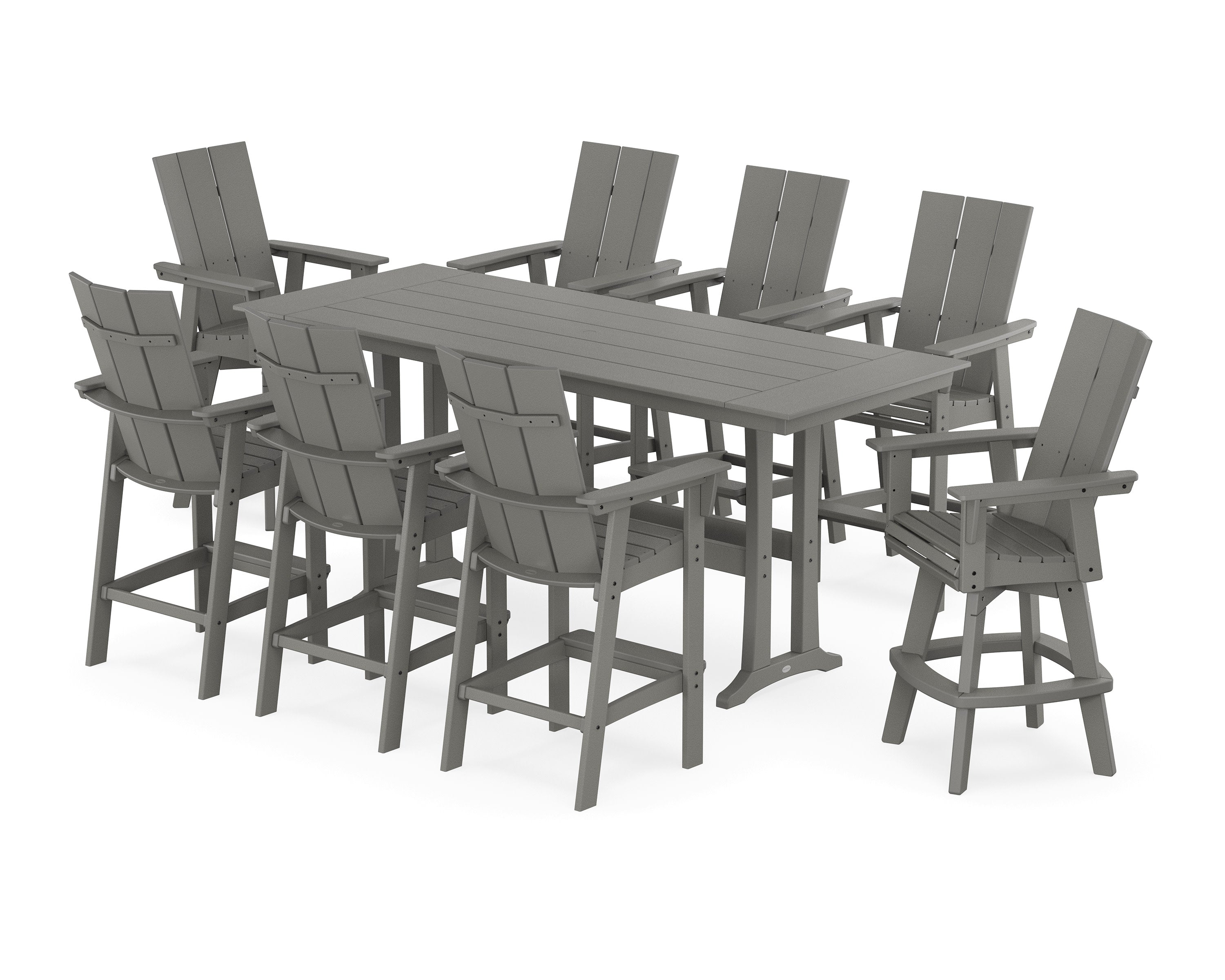Modern Curveback Adirondack Swivel 9-Piece Farmhouse Bar Set with Trestle Legs in Slate Grey