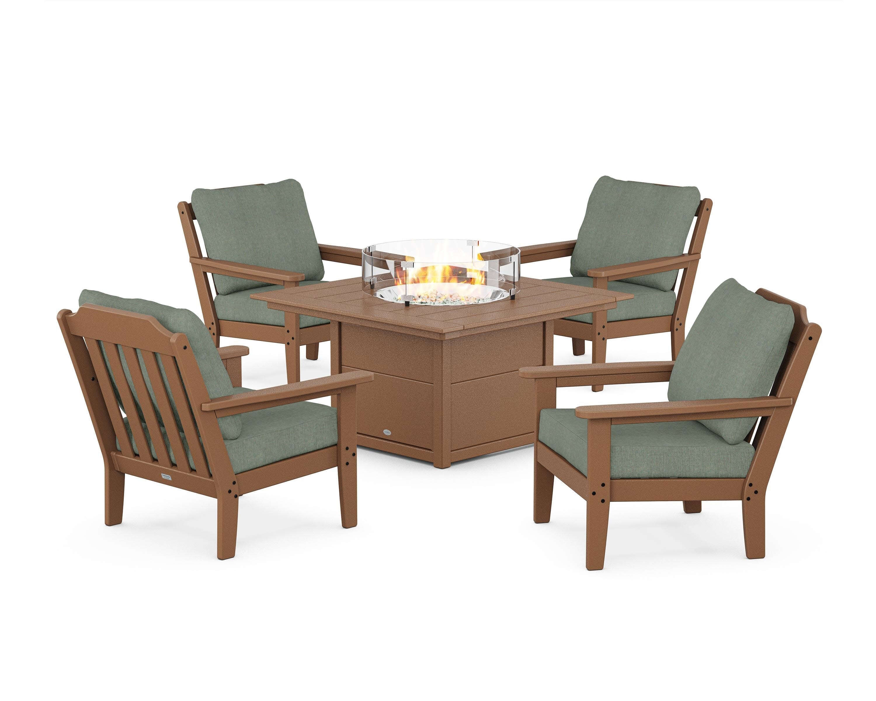 Cottage 5-Piece Deep Seating Set with Fire Pit Table in Teak / Cast Sage
