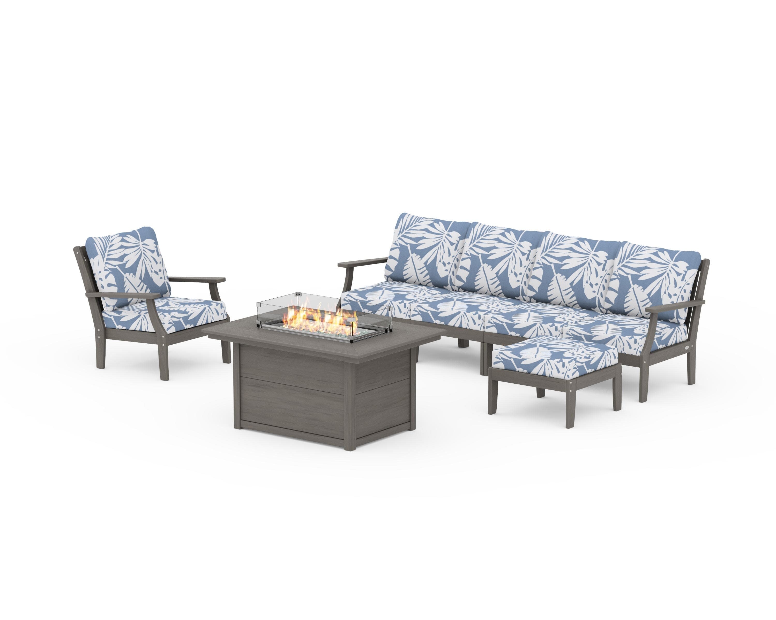 Braxton Sectional Lounge and Fire Pit Set in Driftwood / Leaf Sky Blue