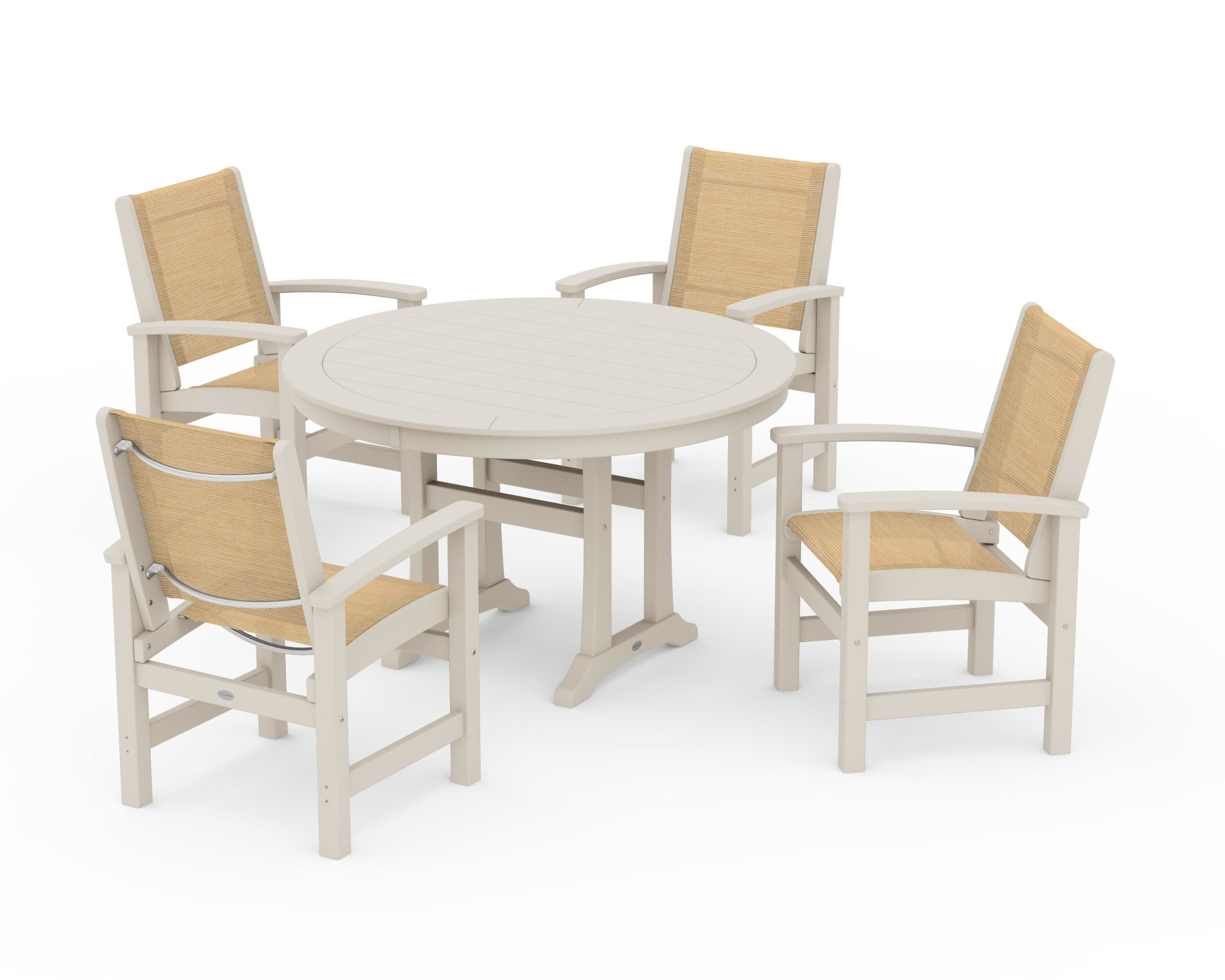 Coastal 5-Piece Round Dining Set with Trestle Legs in Sand / Dupioni Apricot Sling