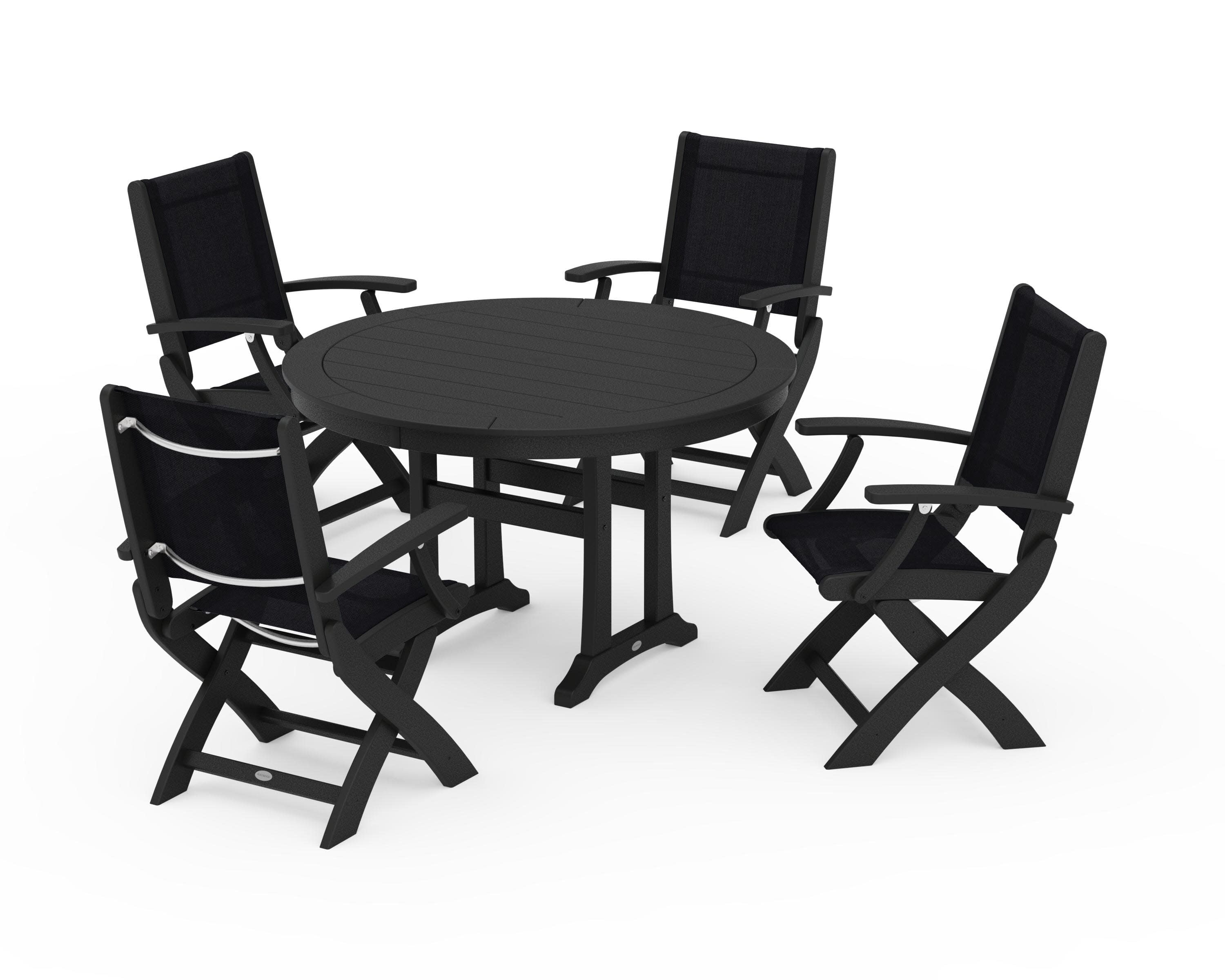 Coastal Folding Chair 5-Piece Round Dining Set with Trestle Legs in Black / Black Sling