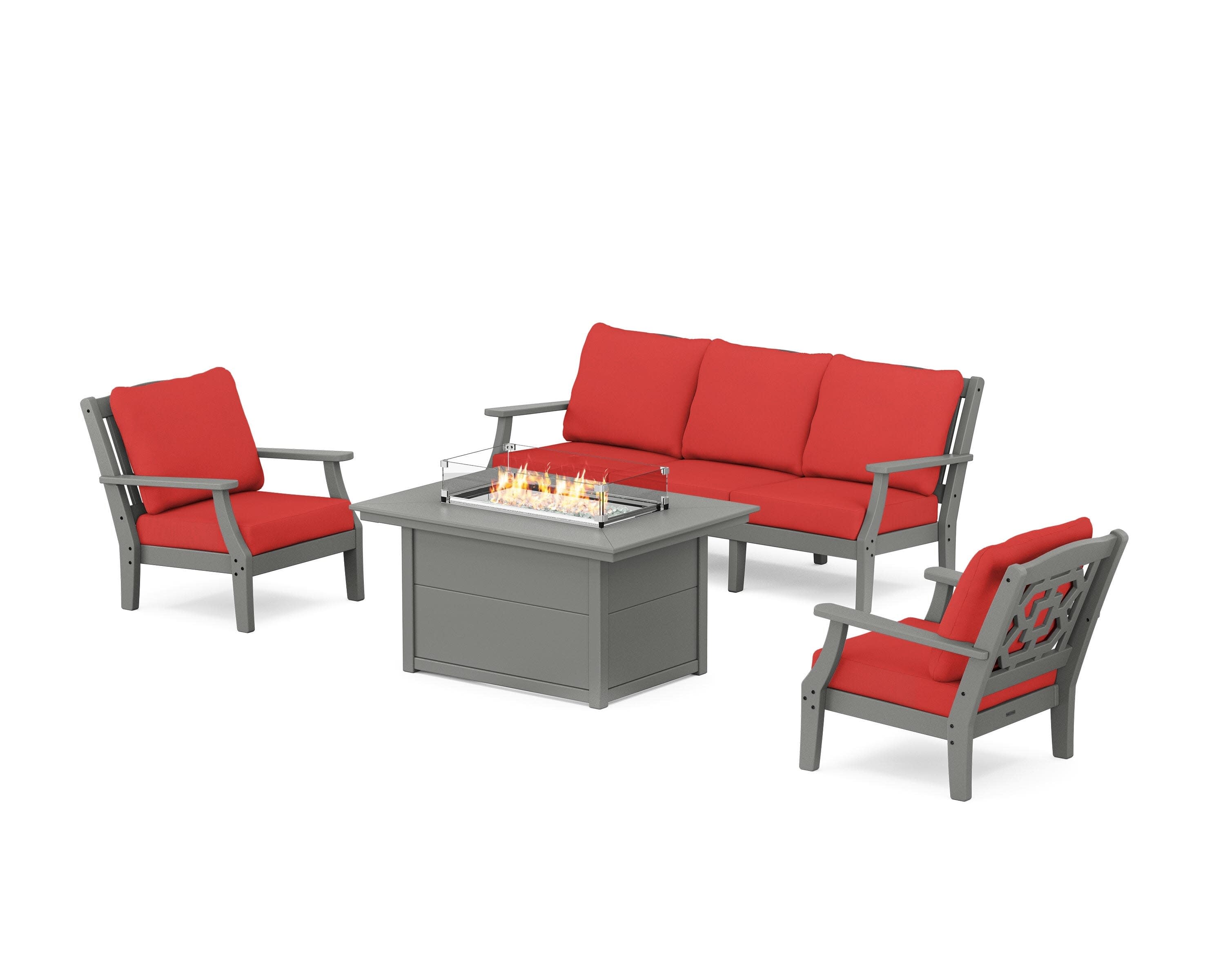 Chinoiserie Deep Seating Fire Pit Table Set in Slate Grey / Crimson Linen