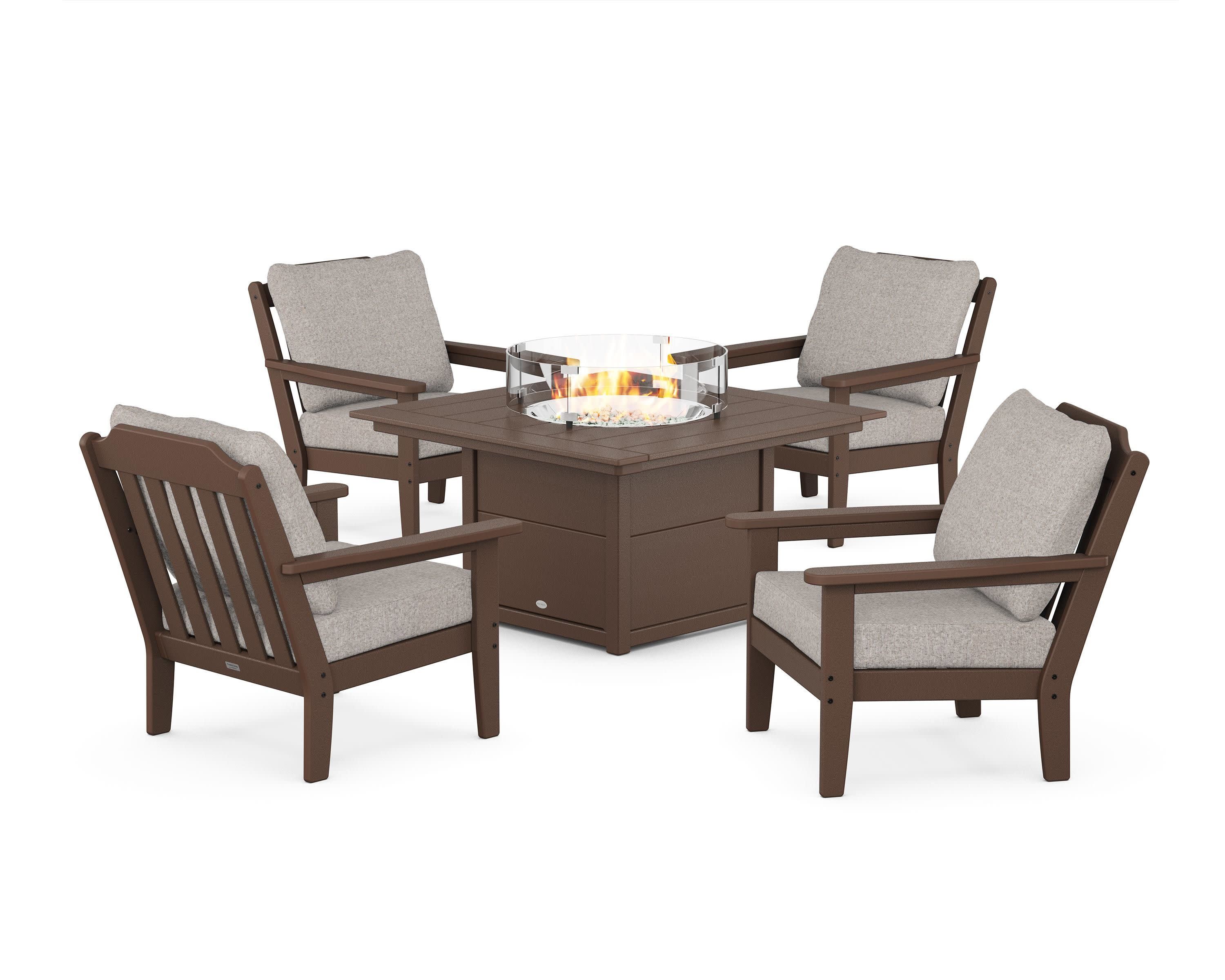 Cottage 5-Piece Deep Seating Set with Fire Pit Table in Mahogany / Weathered Tweed
