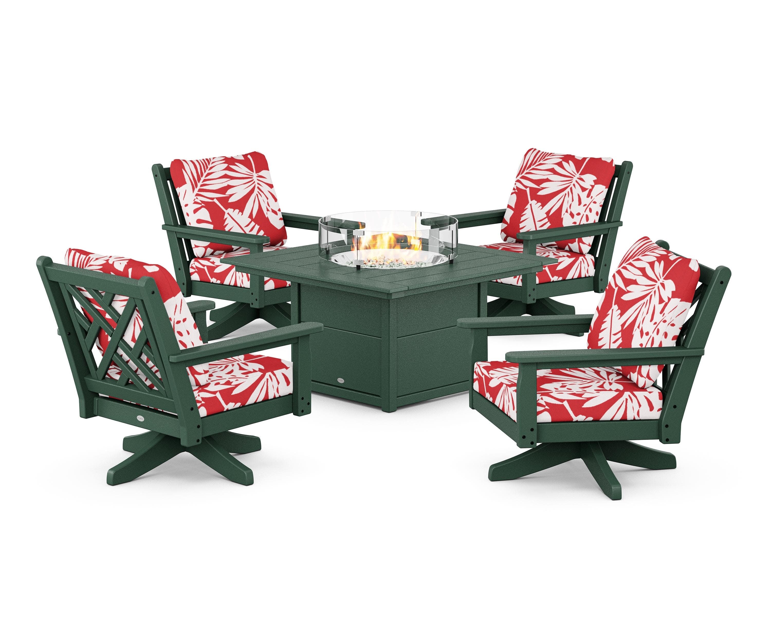 Chippendale 5-Piece Deep Seating Swivel Conversation Set with Fire Pit Table in Green / Leaf Crimson