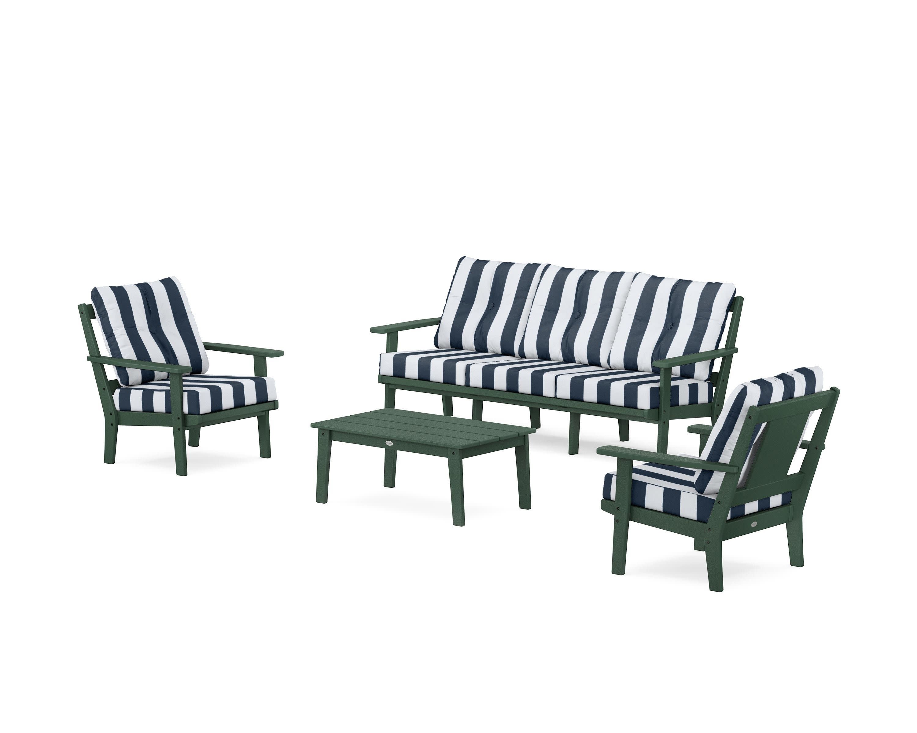 Prairie 4-Piece Deep Seating Set with Sofa in Green / Cabana Stripe Marine Indigo