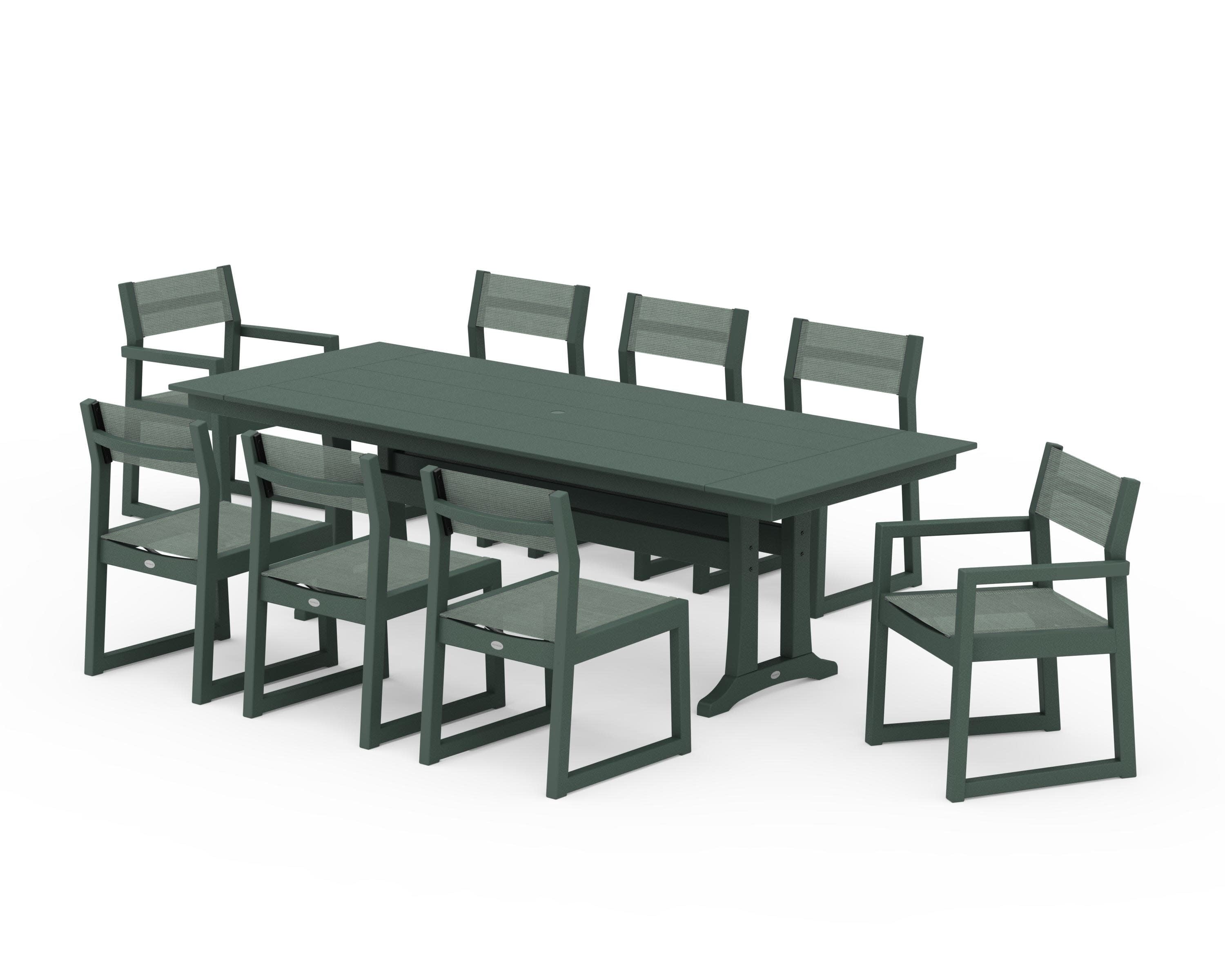 EDGE Sling 9-Piece Farmhouse Trestle Dining Set in Green / Dupioni Sea Mist Sling
