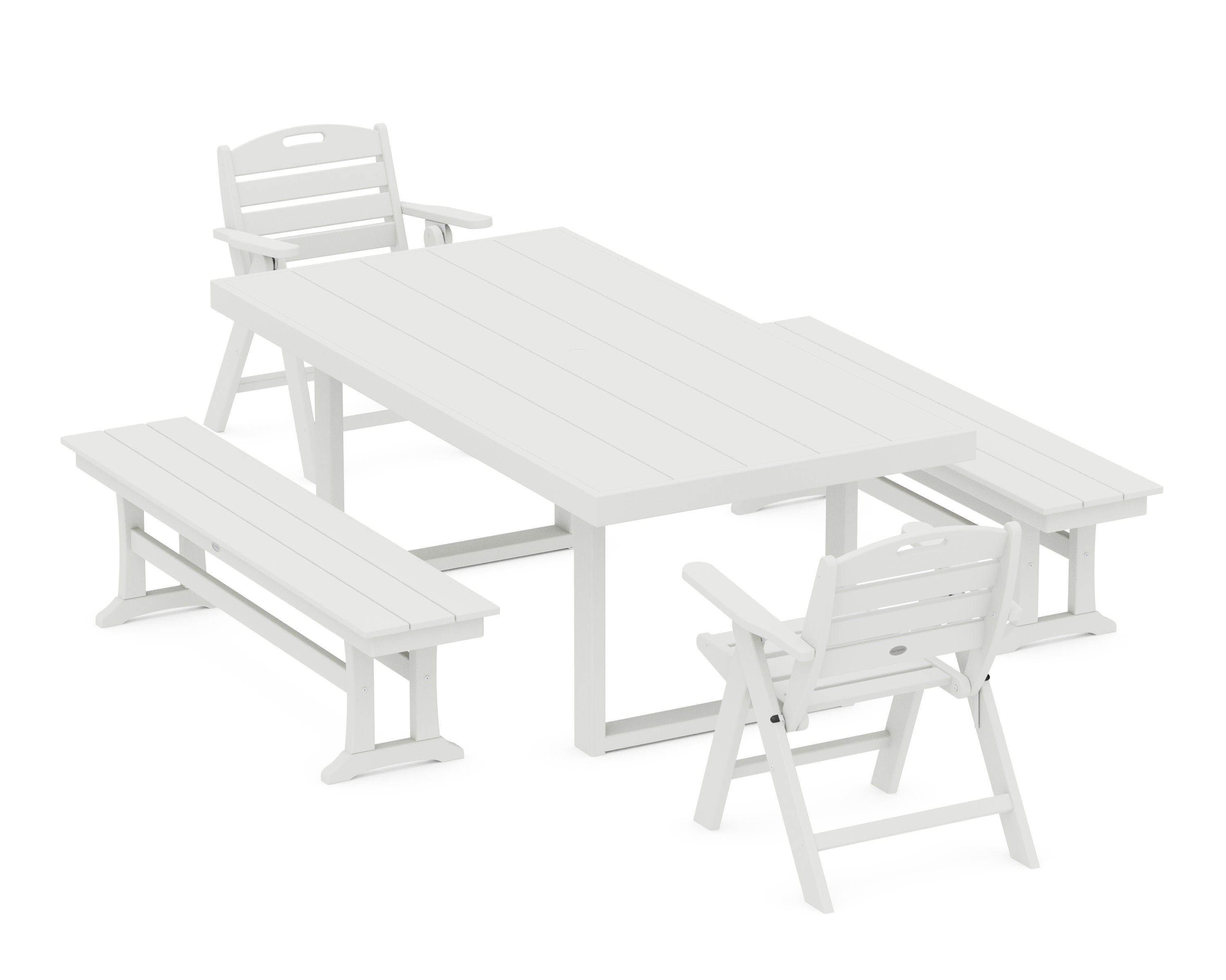Nautical Lowback 5-Piece Dining Set with Benches in Vintage White