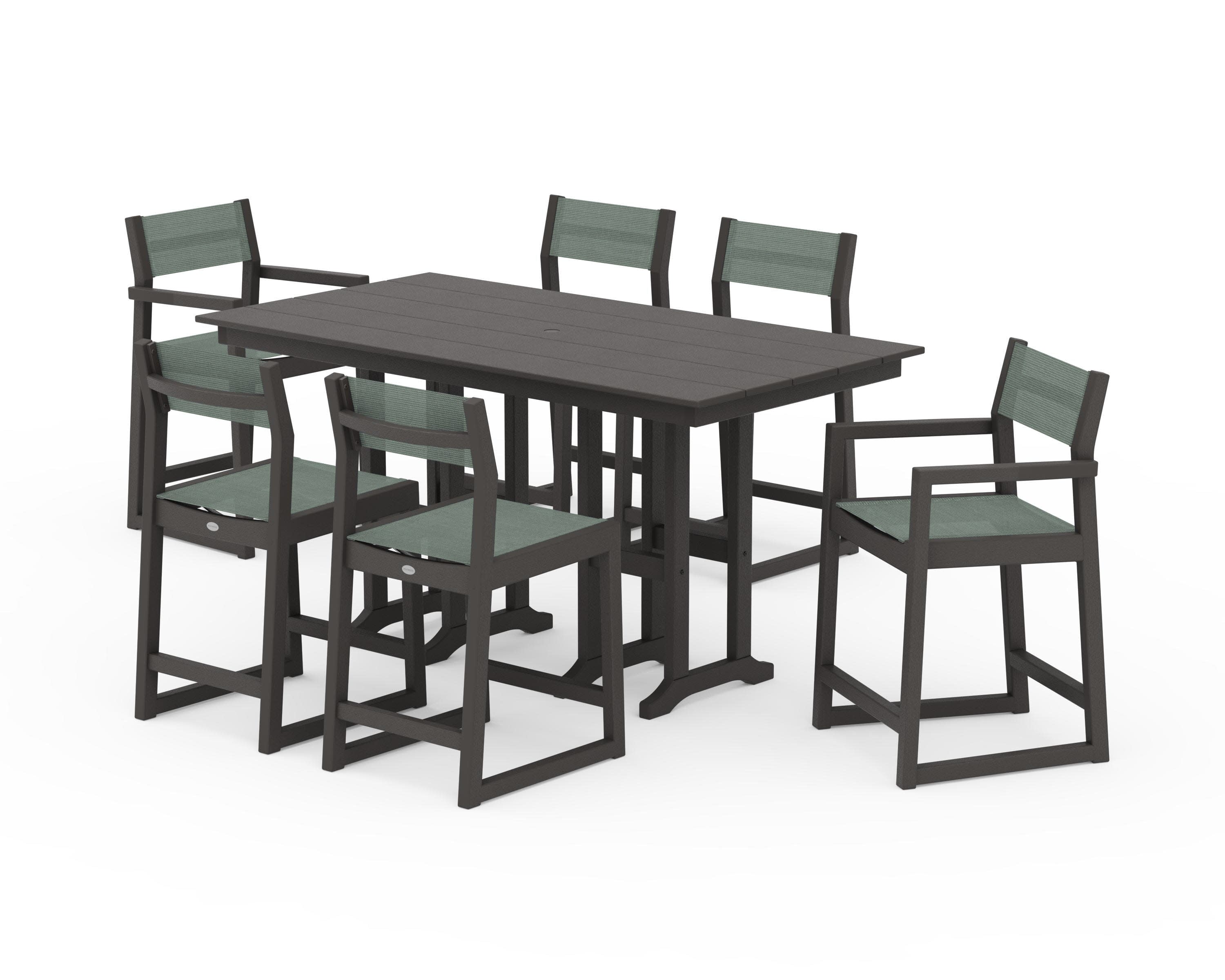 EDGE Sling 7-Piece Farmhouse Counter Set with Trestle Legs in Vintage Coffee / Dupioni Sea Mist Sling