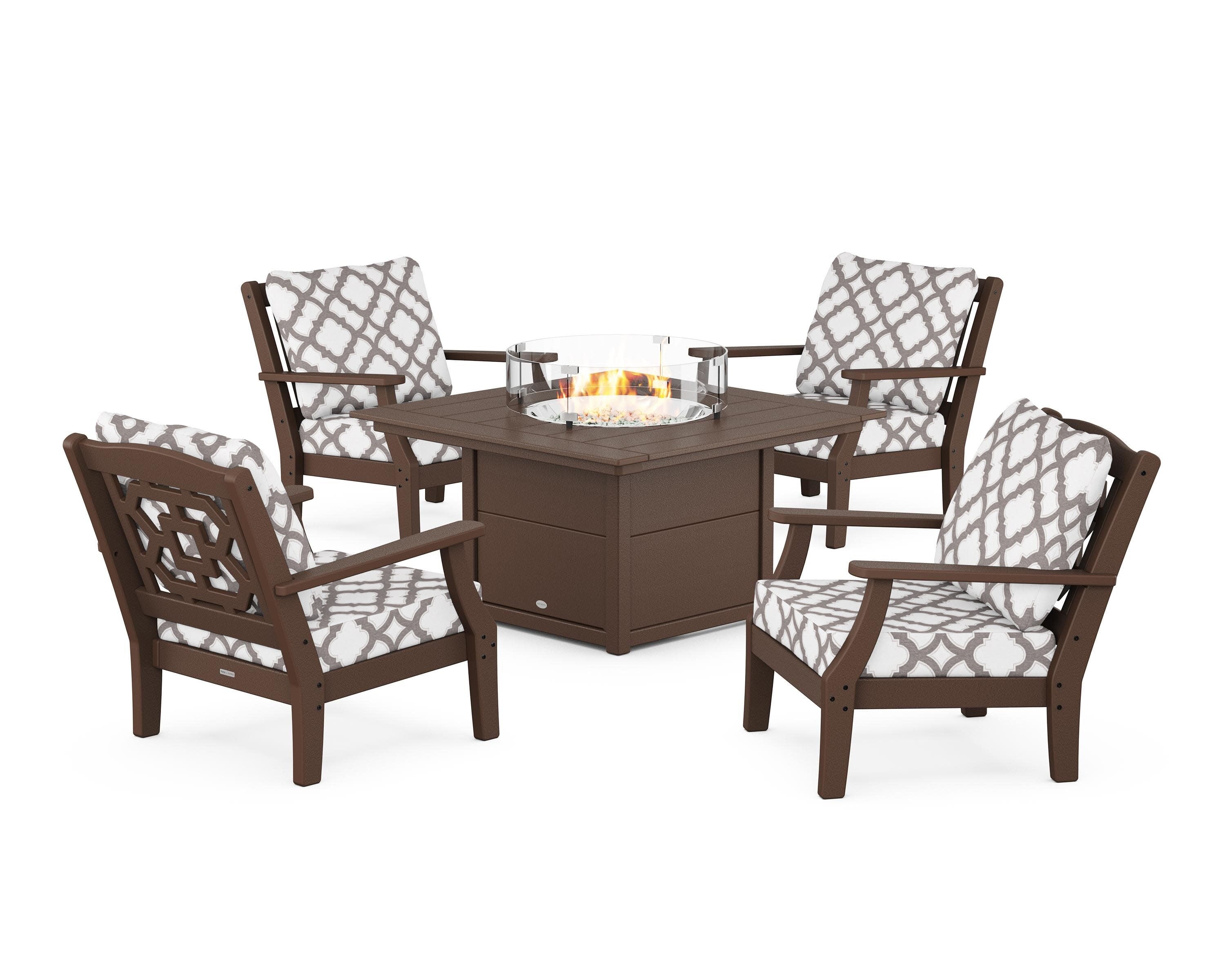 Chinoiserie 5-Piece Deep Seating Set with Fire Pit Table in Mahogany / Trellis Grey Mist