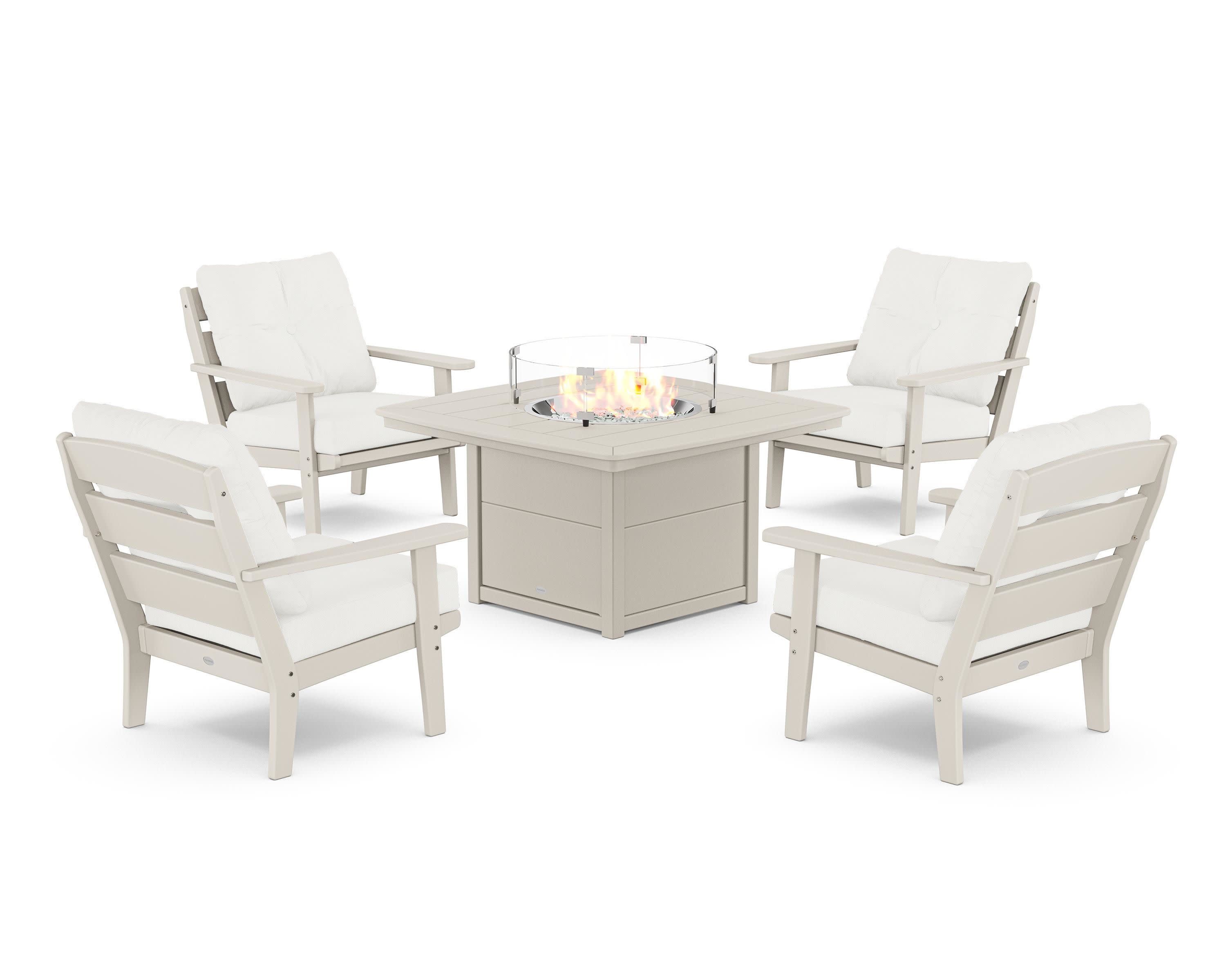 Lakeside 5-Piece Deep Seating Set with Nautical Fire Pit Table in Sand / Natural Linen