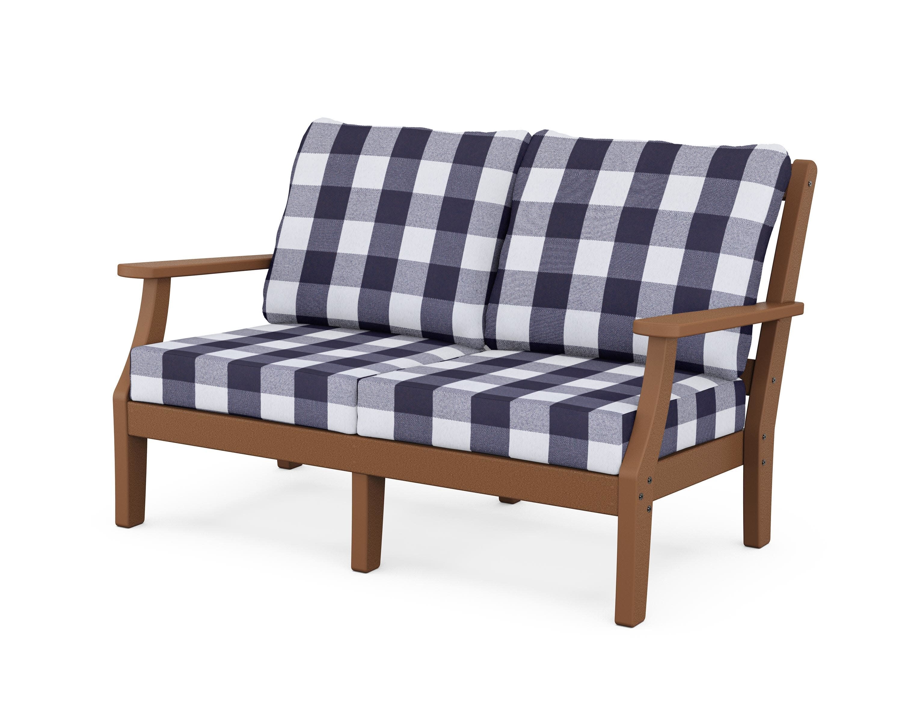 Chinoiserie Deep Seating Loveseat in Teak / Buffalo Plaid Navy