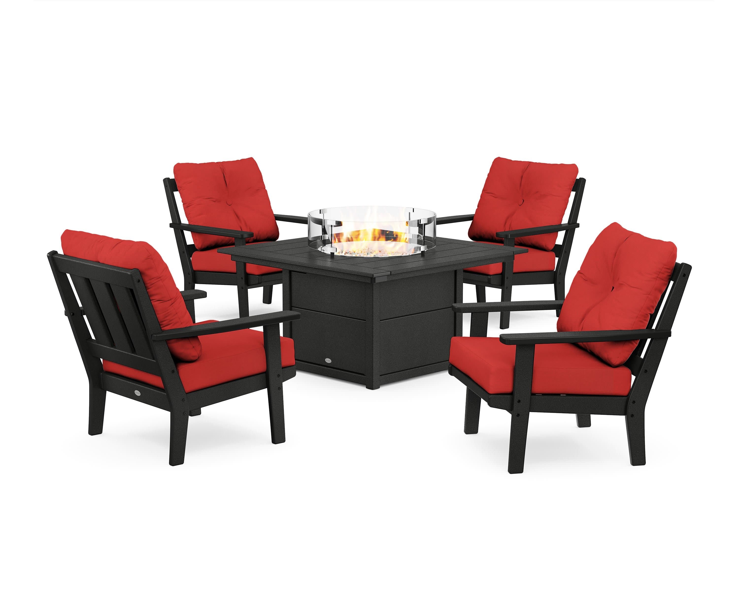 Oxford 5-Piece Deep Seating Set with Fire Pit Table in Black / Crimson Linen