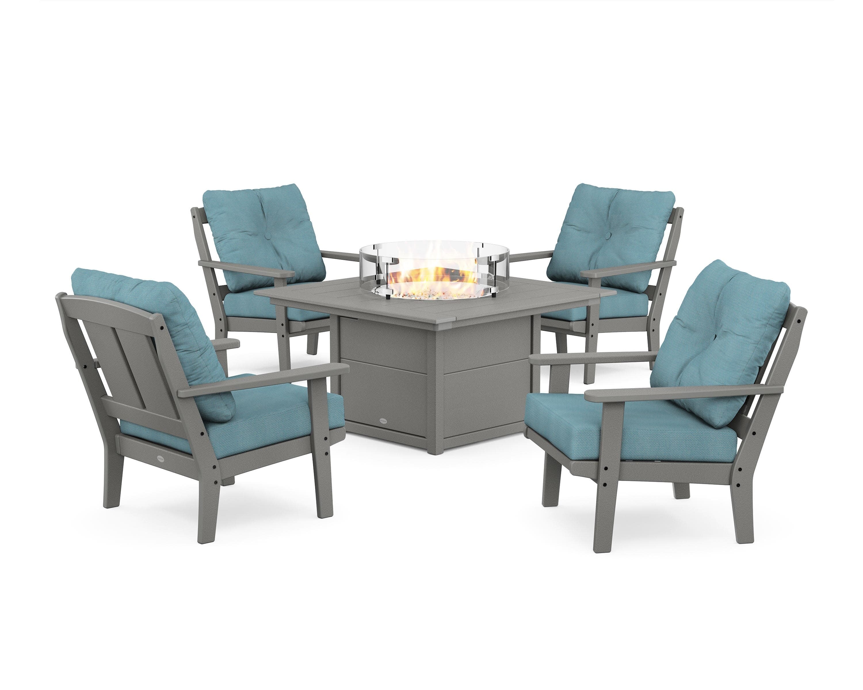 Mission 5-Piece Deep Seating Set with Fire Pit Table in Slate Grey / Lattice Sky Blue