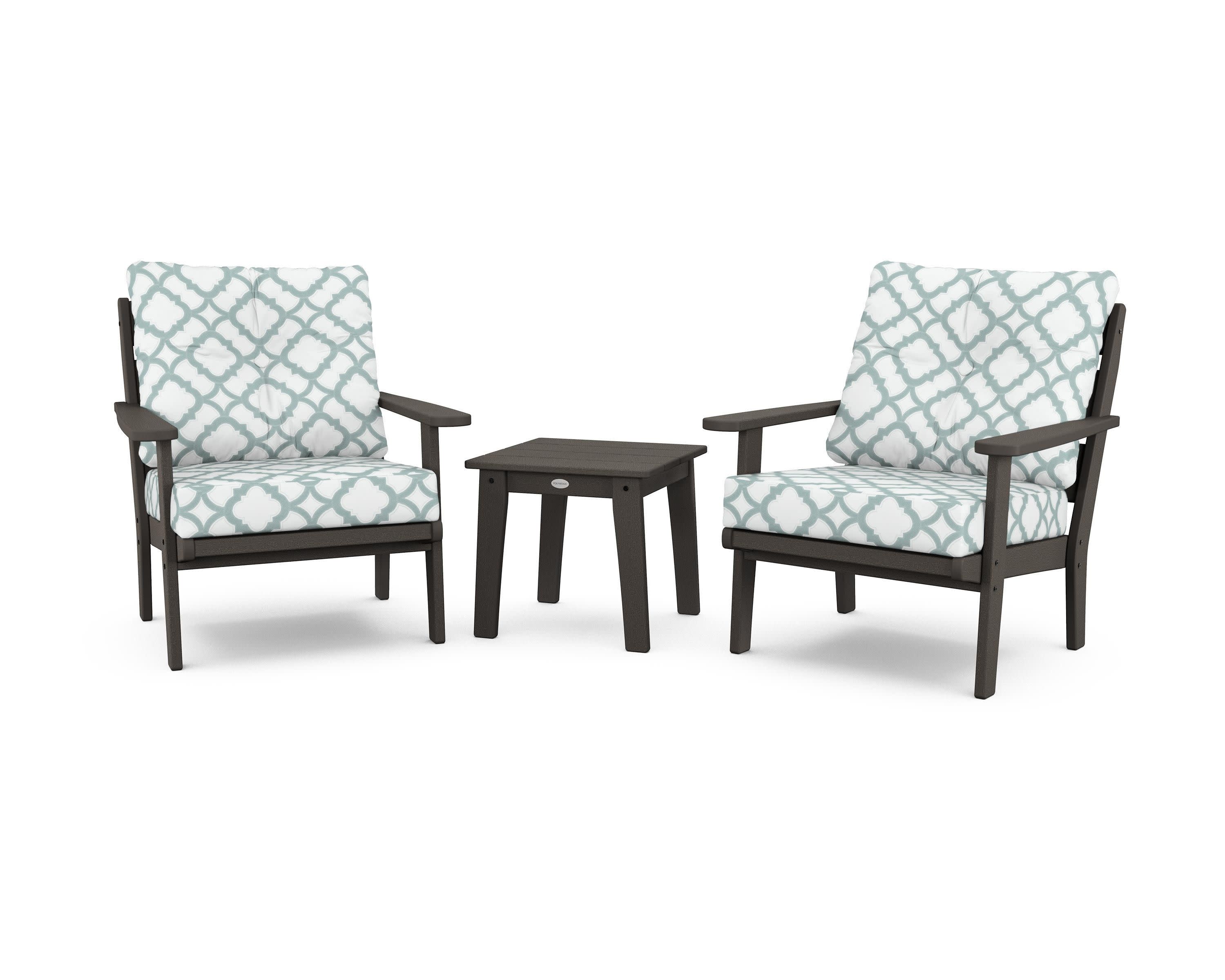 Lakeside 3-Piece Deep Seating Chair Set in Vintage Coffee / Trellis Glacier Spa
