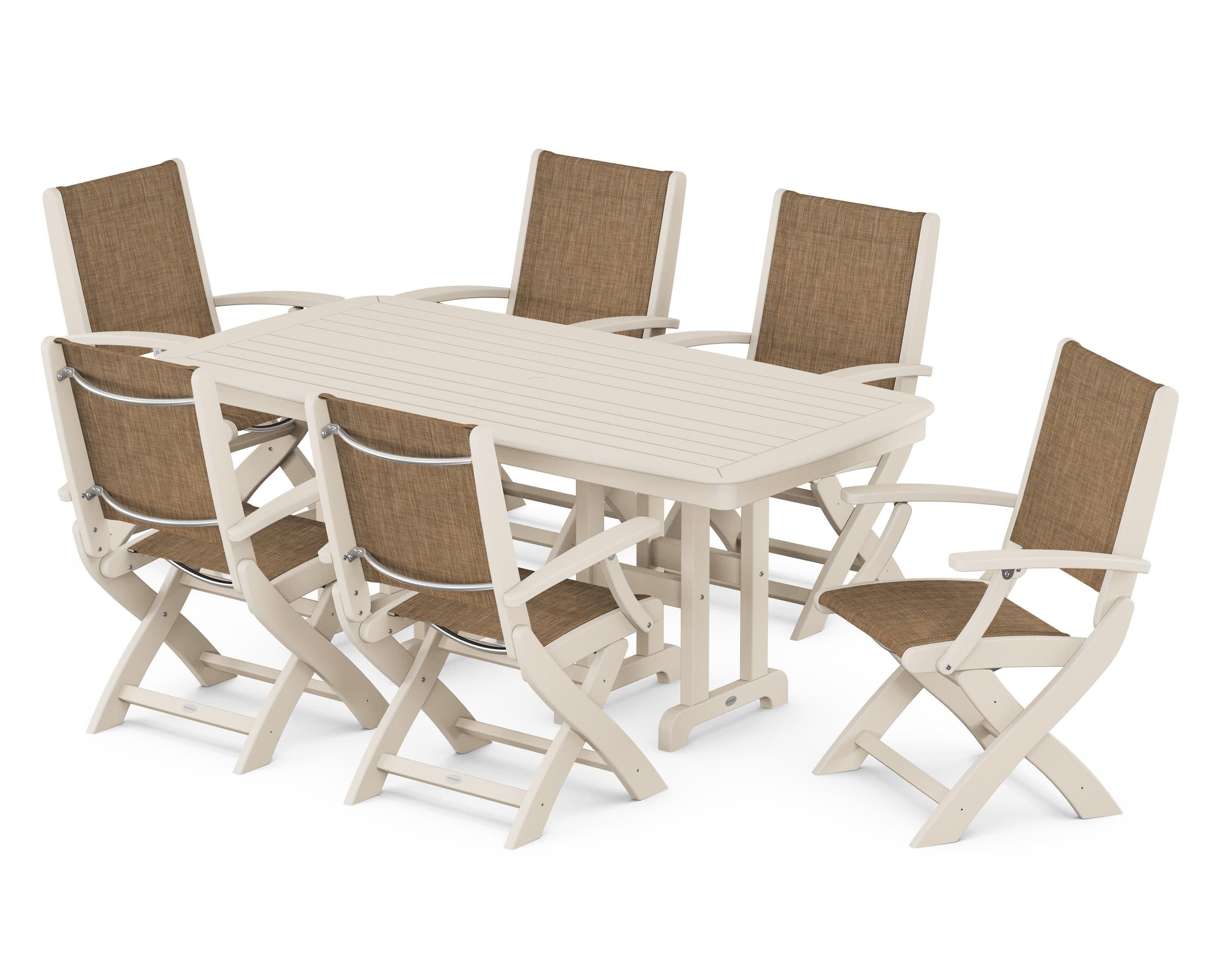 Coastal Folding Arm Chair 7-Piece Dining Set in Sand / Burlap Sling