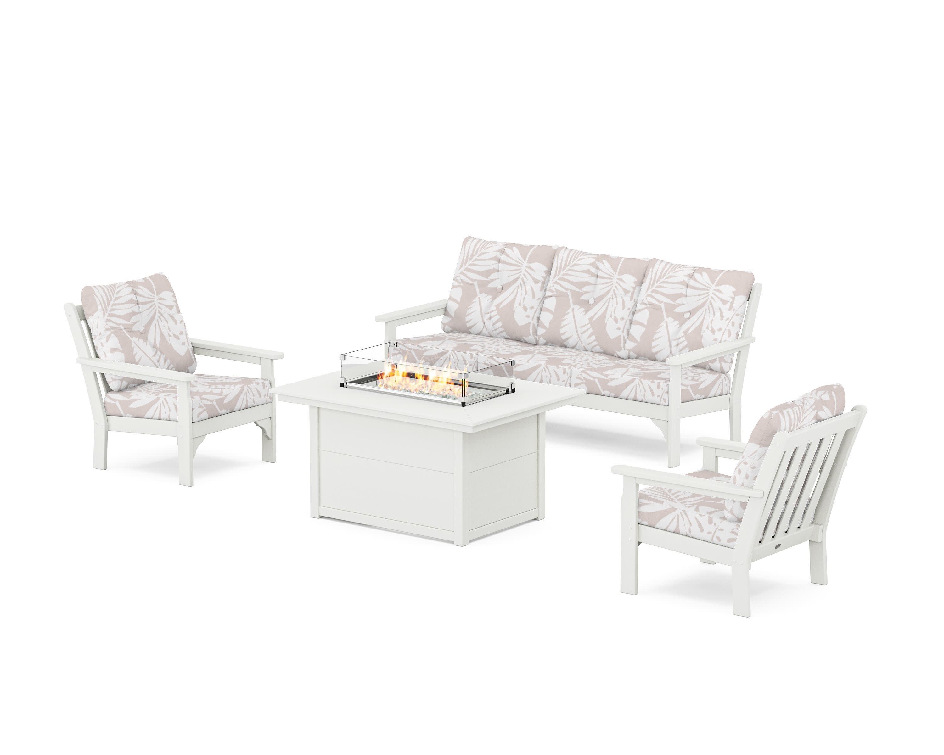 Vineyard Deep Seating Fire Pit Table Set in Vintage White / Leaf Dune Burlap