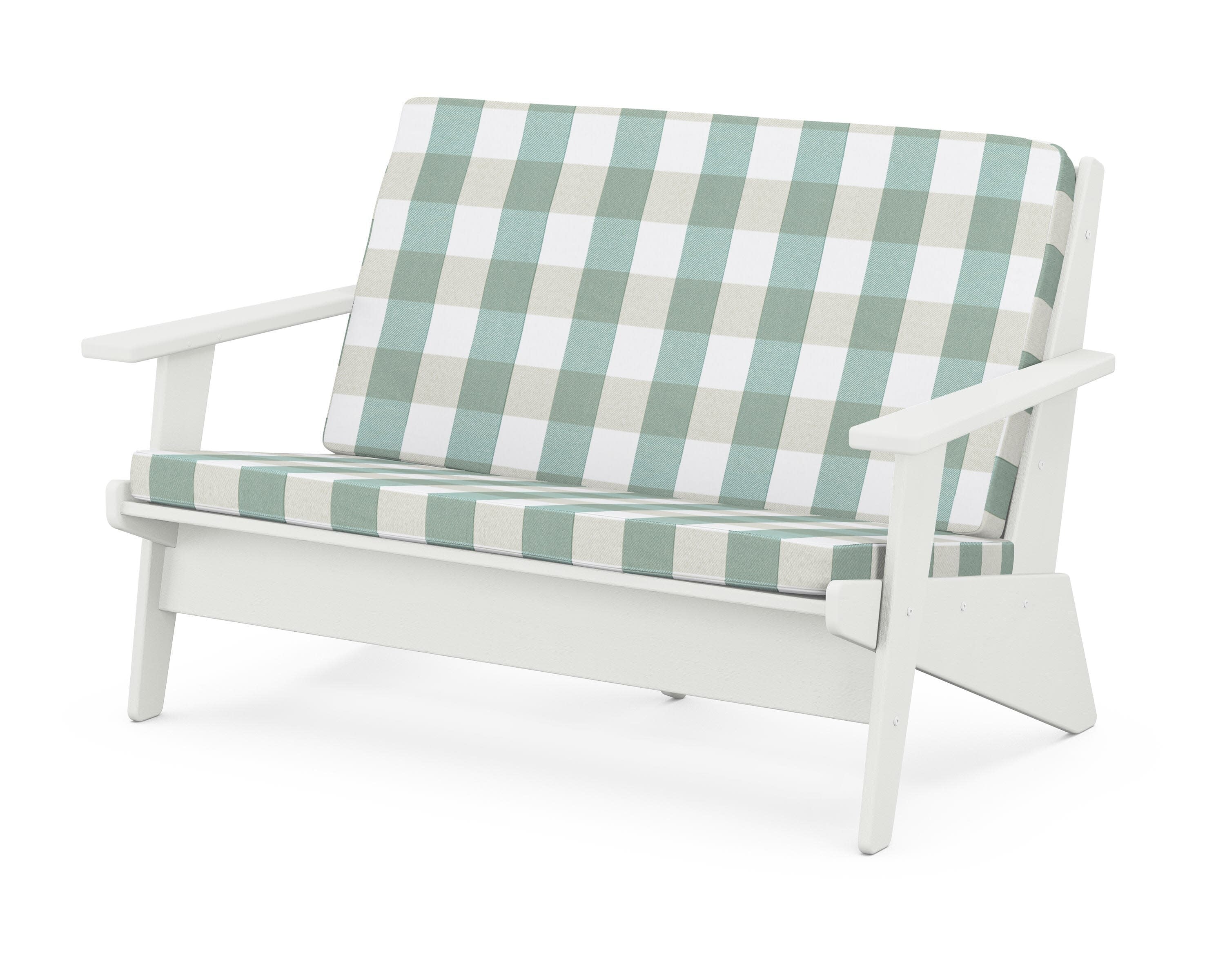 Riviera Modern Lounge Loveseat in Vintage White / Buffalo Plaid Glacier Spa