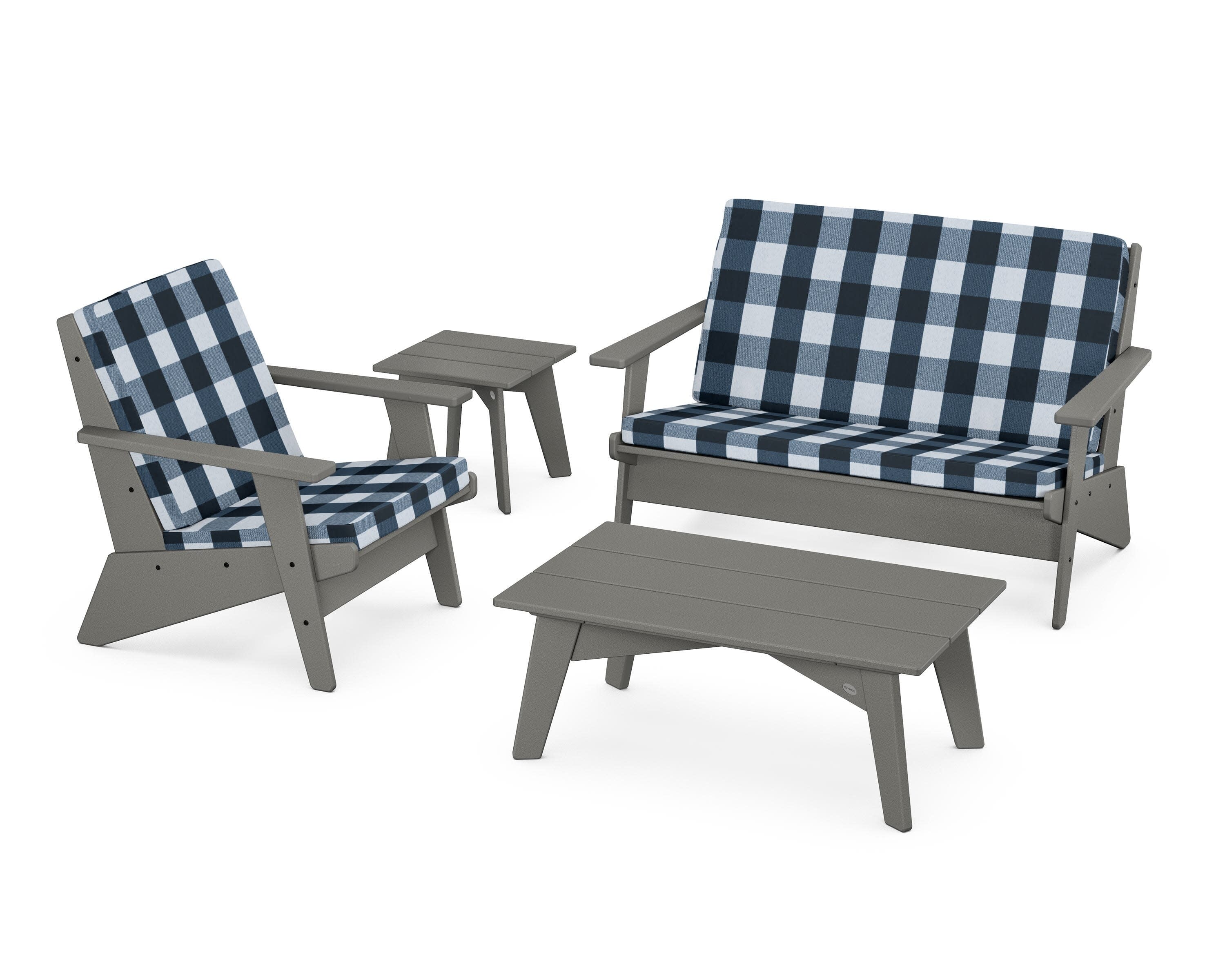 Riviera Modern Lounge 4-Piece Set in Slate Grey / Buffalo Plaid Marine Indigo