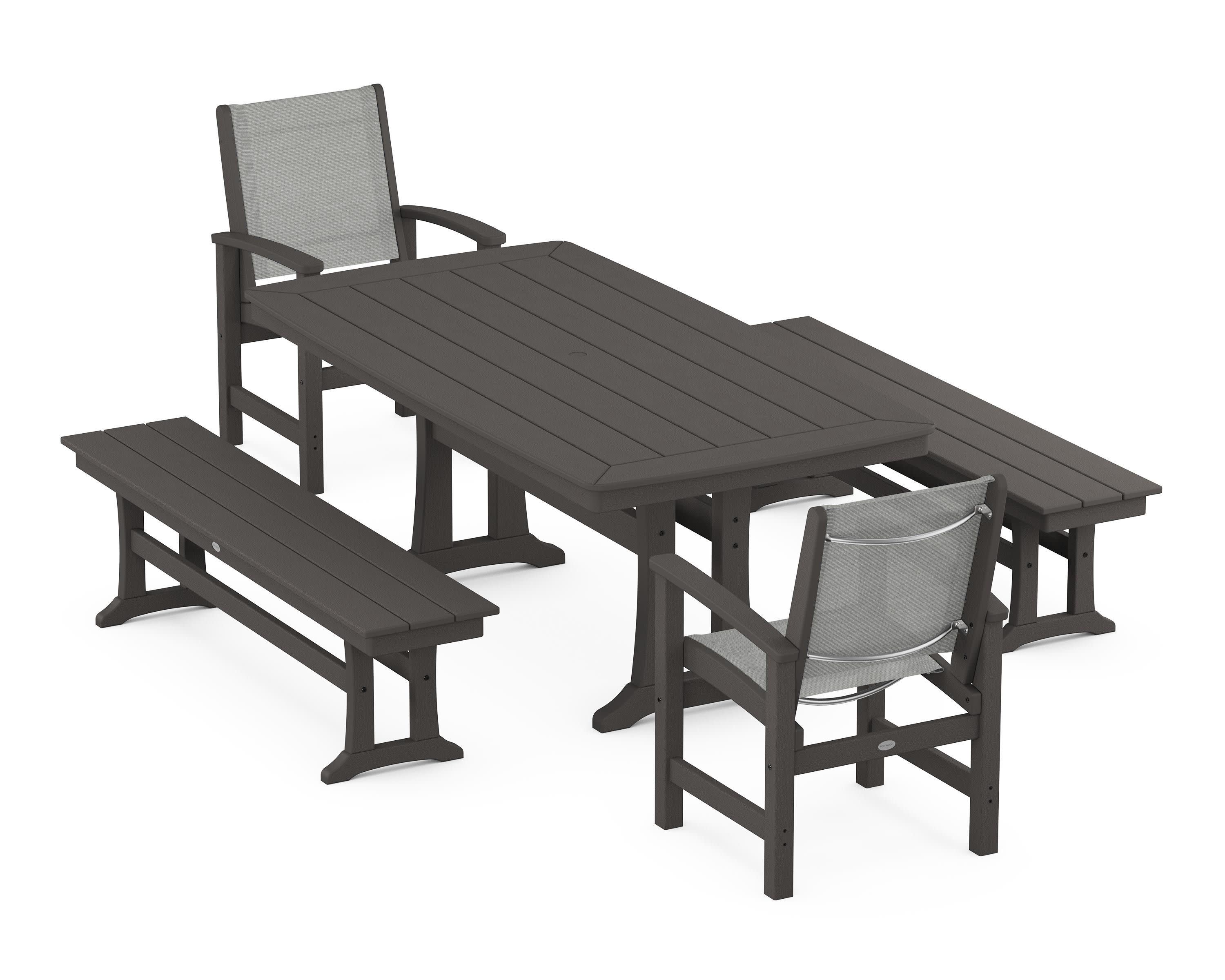 Coastal 5-Piece Dining Set with Trestle Legs and Benches in Vintage Coffee / Metallic Sling