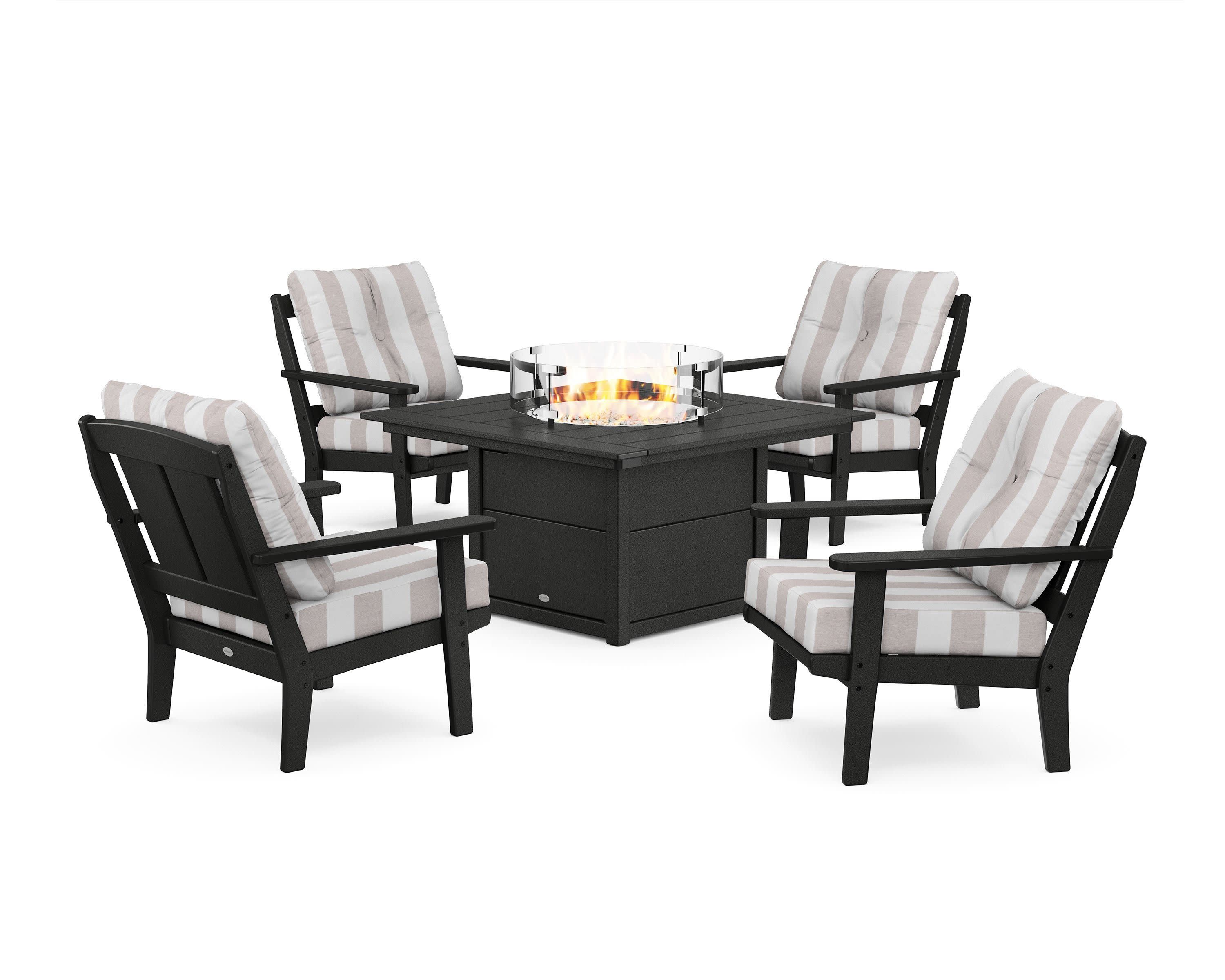 Mission 5-Piece Deep Seating Set with Fire Pit Table in Black / Cabana Stripe Dune Burlap