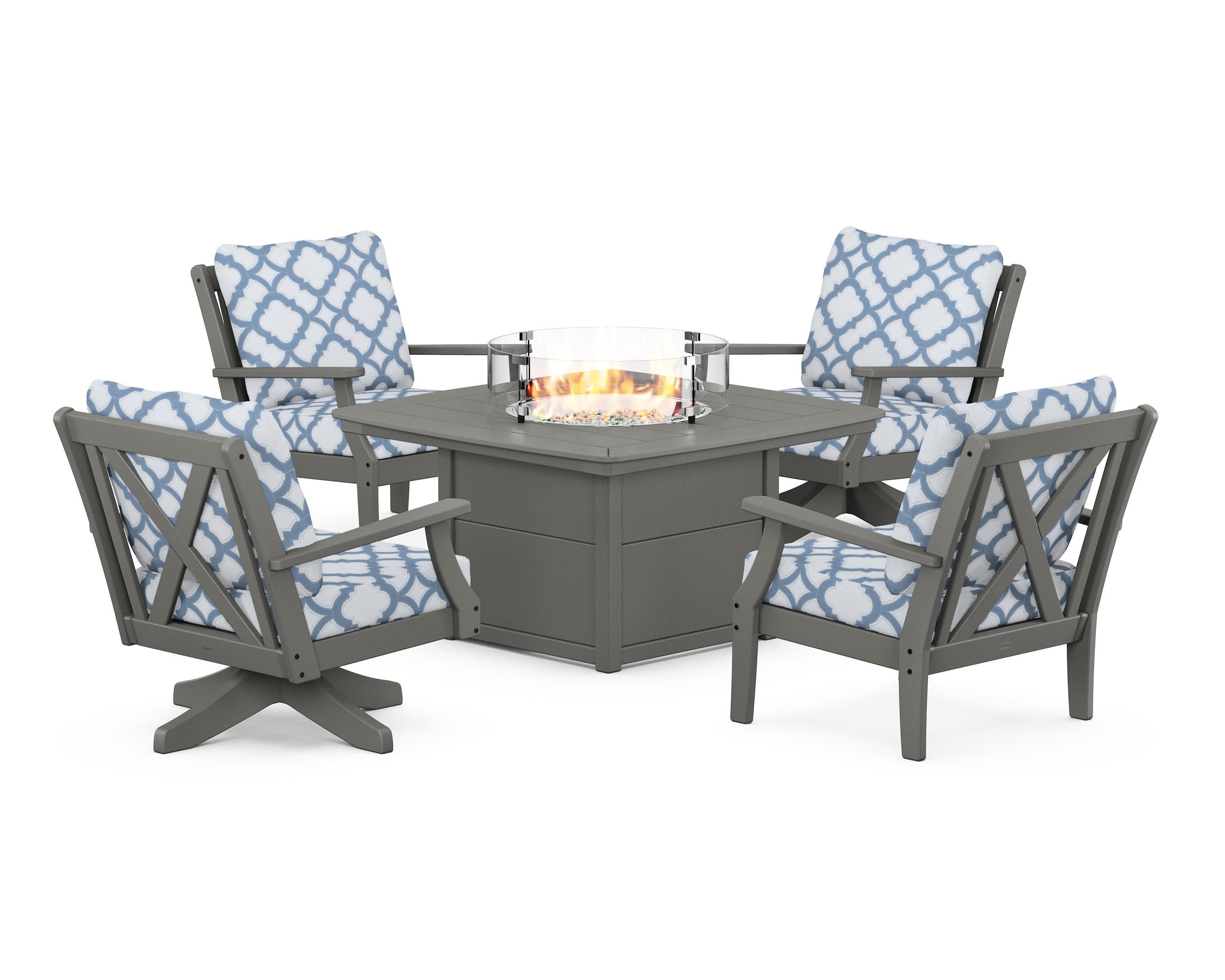 Braxton 5-Piece Deep Seating Set with Fire Table in Slate Grey / Trellis Sky Blue