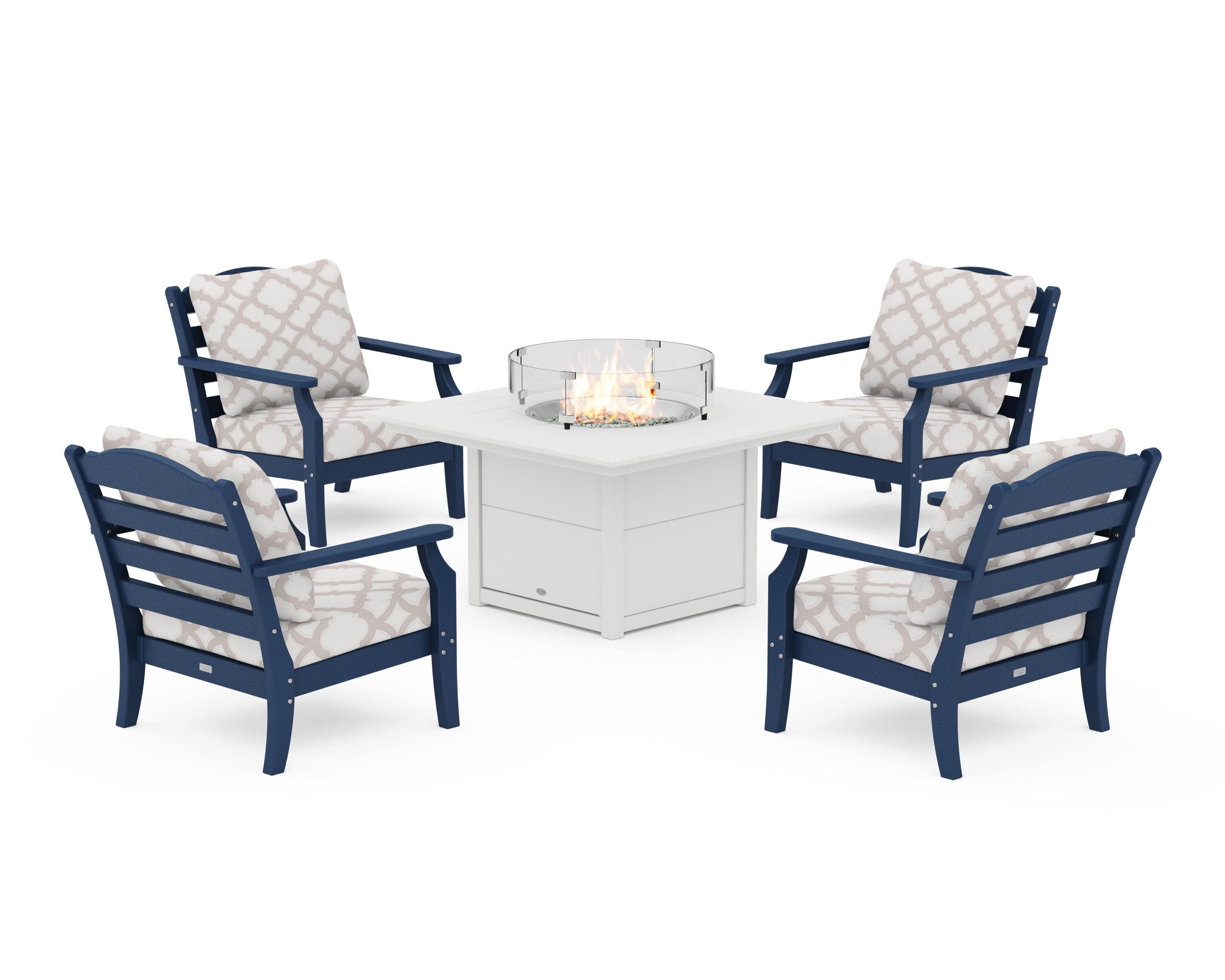 Savannah 5-Piece Deep Seating Set with Fire Pit Table in Navy / Trellis Dune Burlap