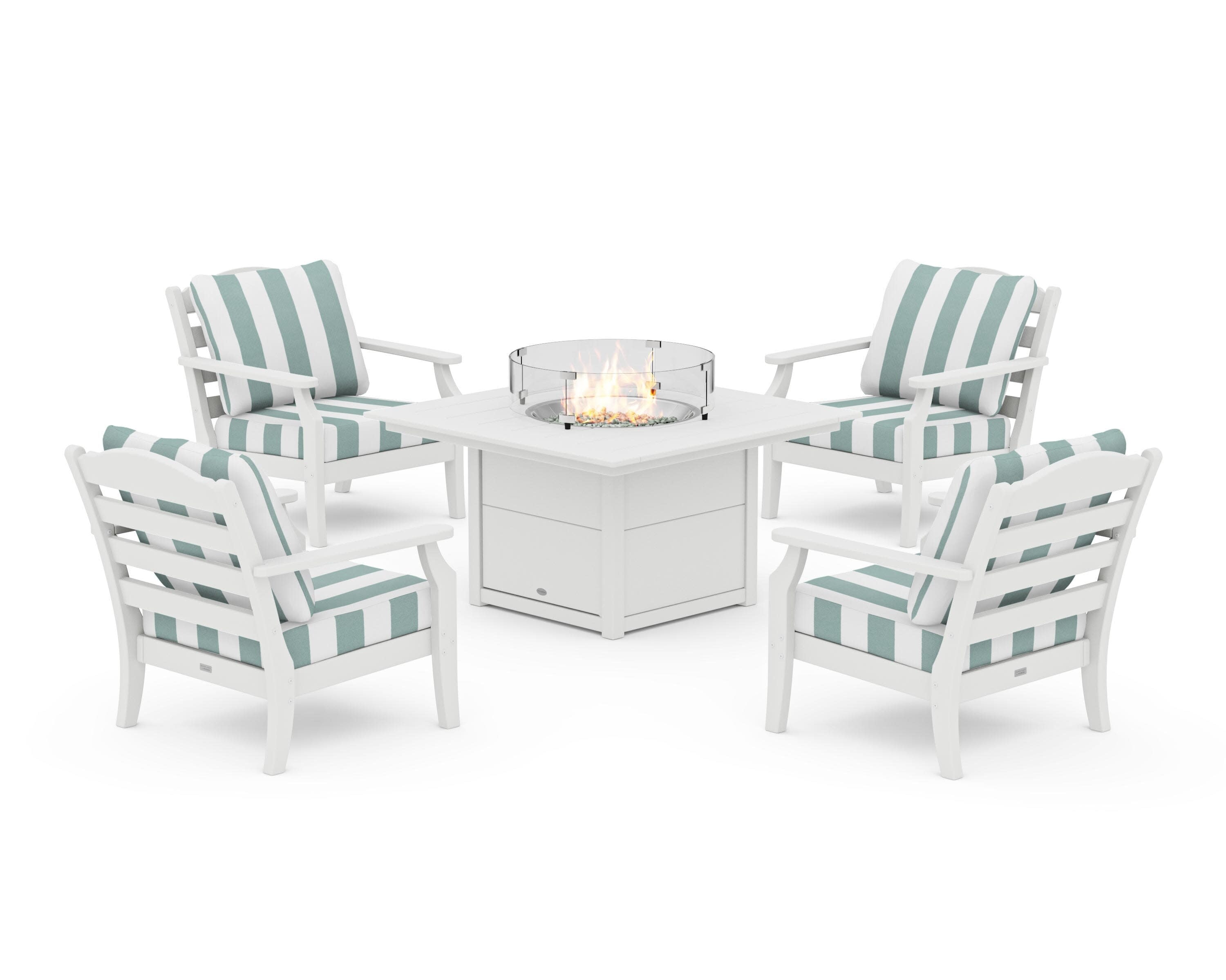 Savannah 5-Piece Deep Seating Set with Fire Pit Table in White / Cabana Stripe Glacier Spa