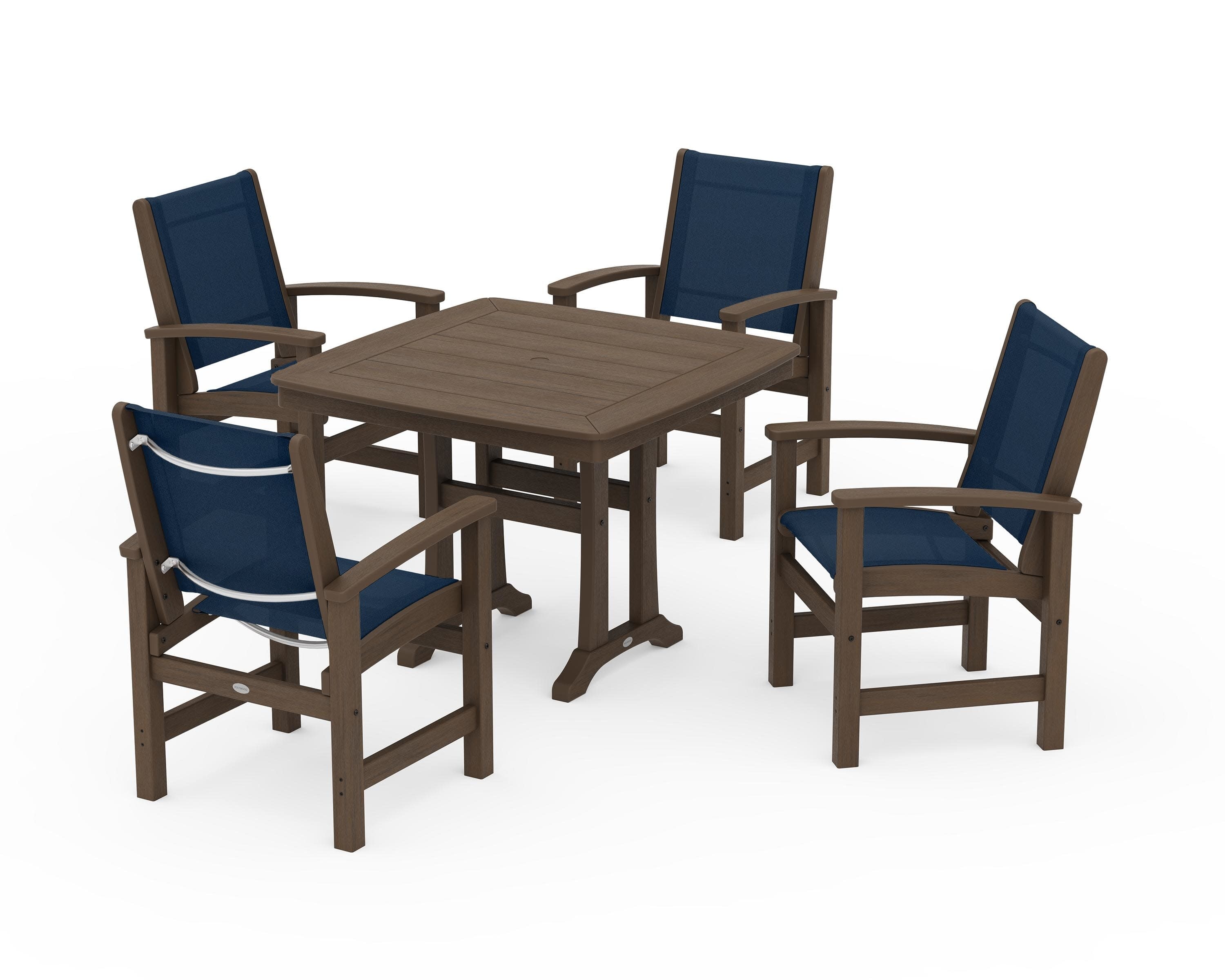 Coastal 5-Piece Dining Set with Trestle Legs in Kona / Navy Blue Sling