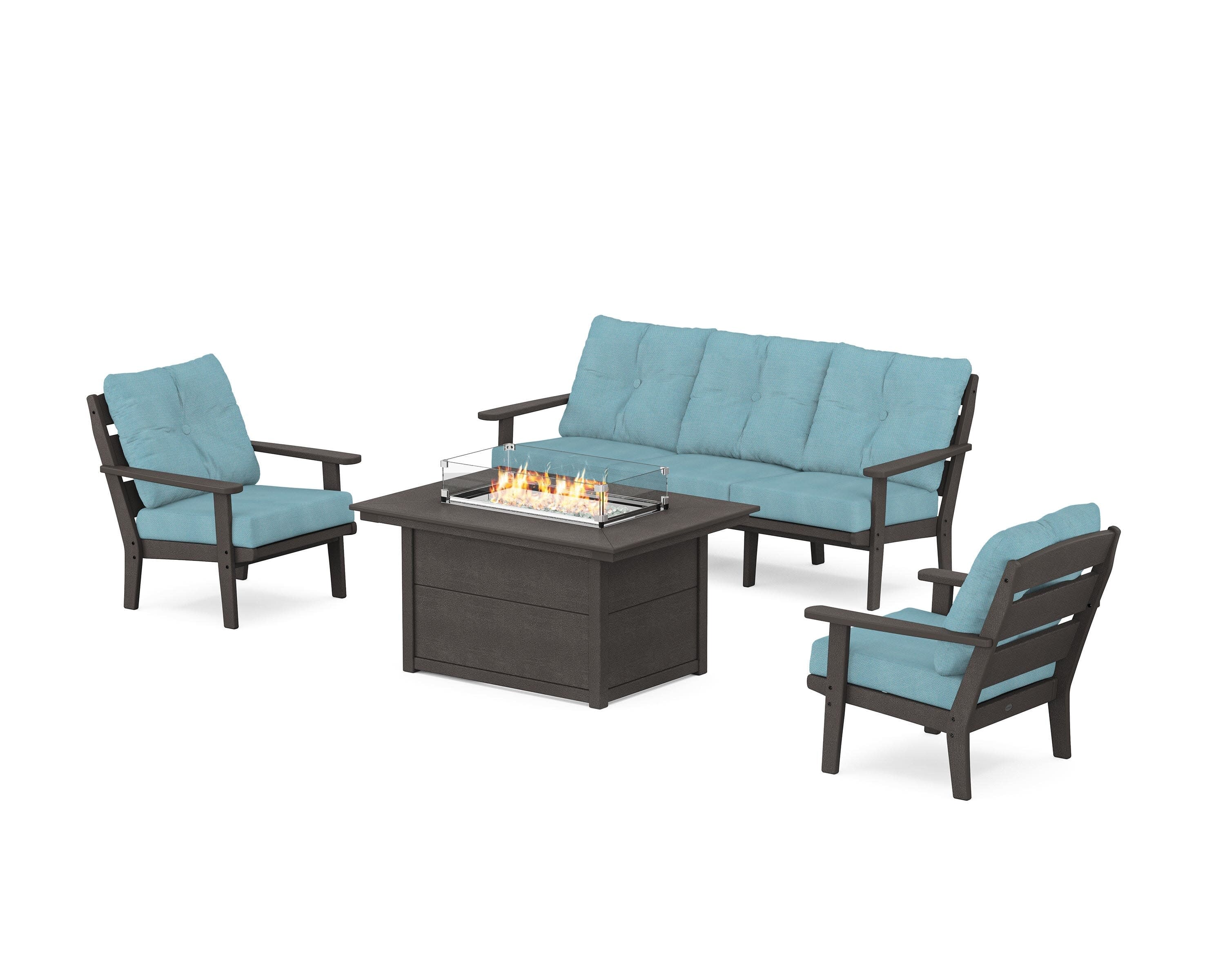 Lakeside Deep Seating Fire Pit Table Set in Vintage Coffee / Lattice Sky Blue