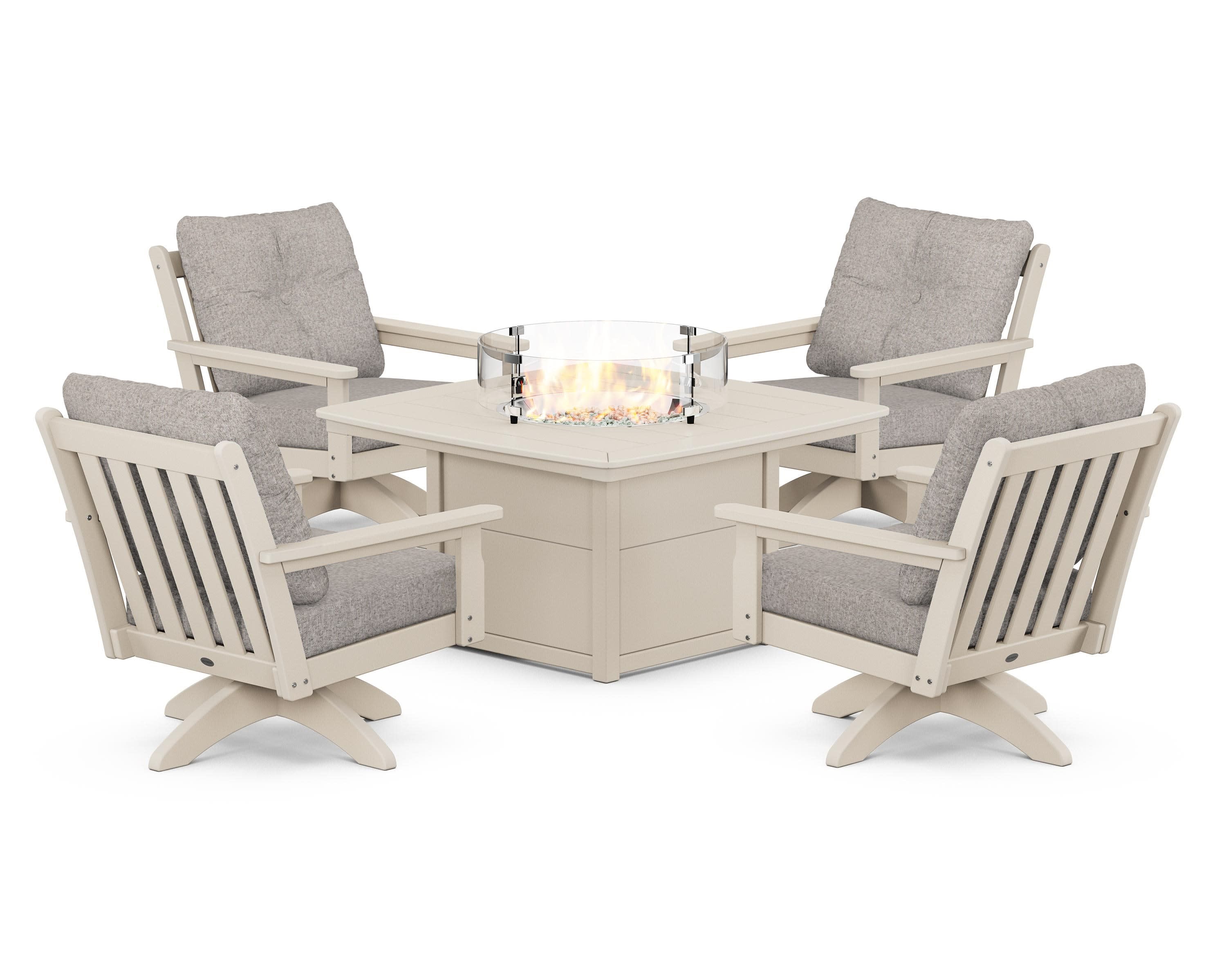 Vineyard 5-Piece Deep Seating Swivel Conversation Set with Fire Pit Table in Sand / Weathered Tweed