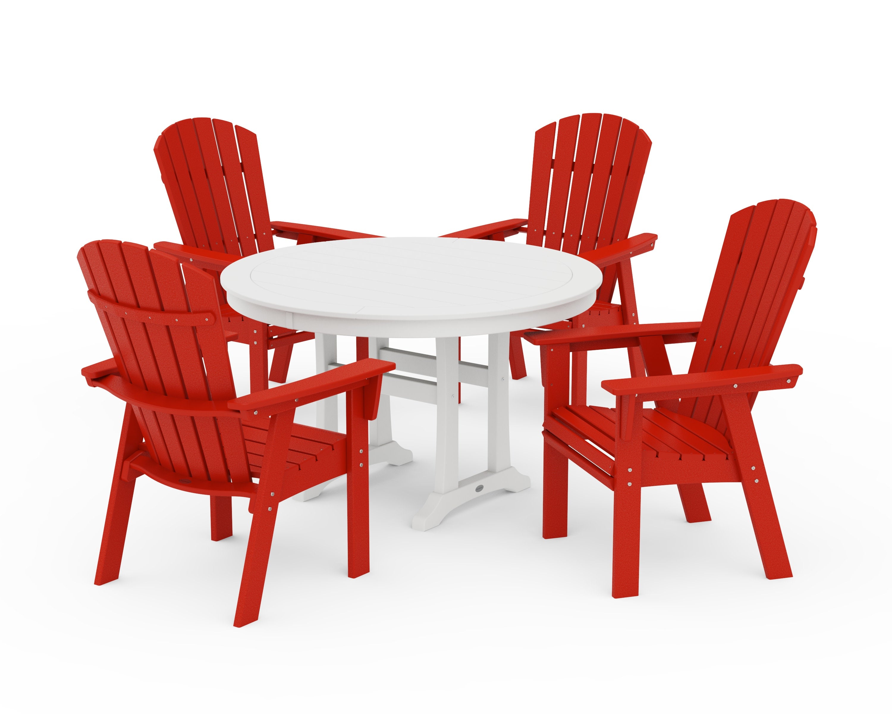 Nautical Curveback Adirondack 5-Piece Round Dining Set with Trestle Legs in Sunset Red / White