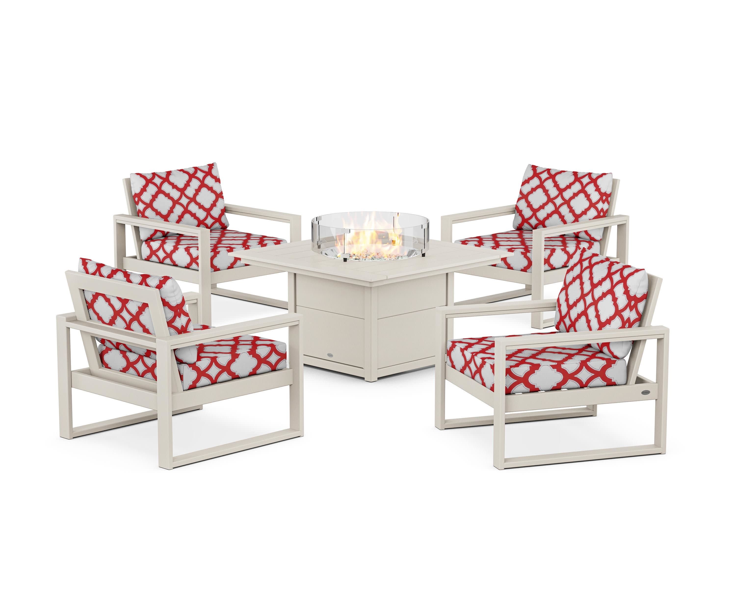 EDGE Sectional 5-Piece Deep Seating Set with Fire Pit Table in Sand / Trellis Crimson