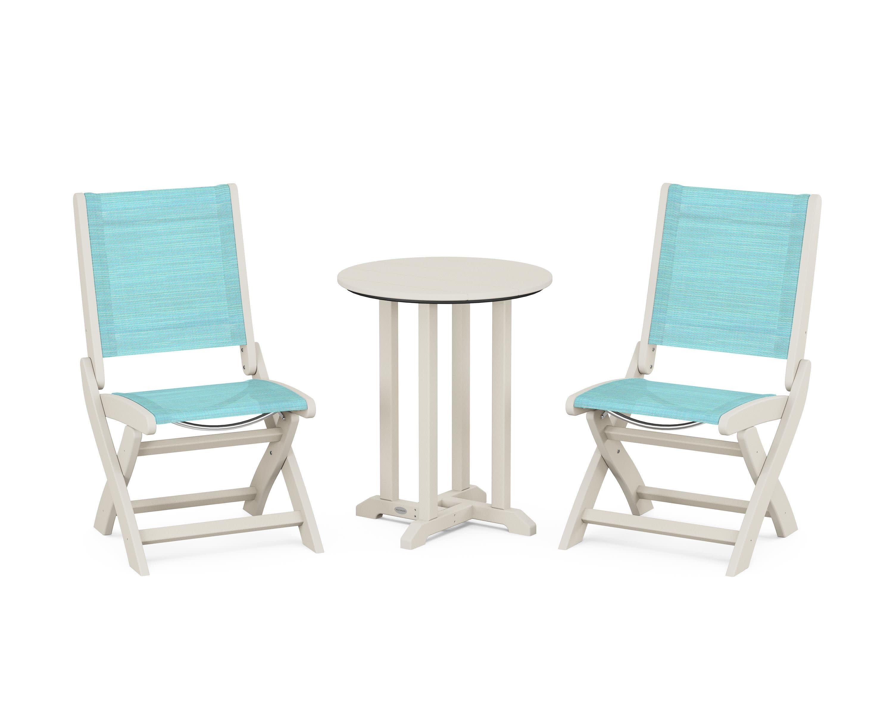 Coastal Folding Side Chair 3-Piece Round Bistro Dining Set in Sand / Dupioni Aquamarine Sling