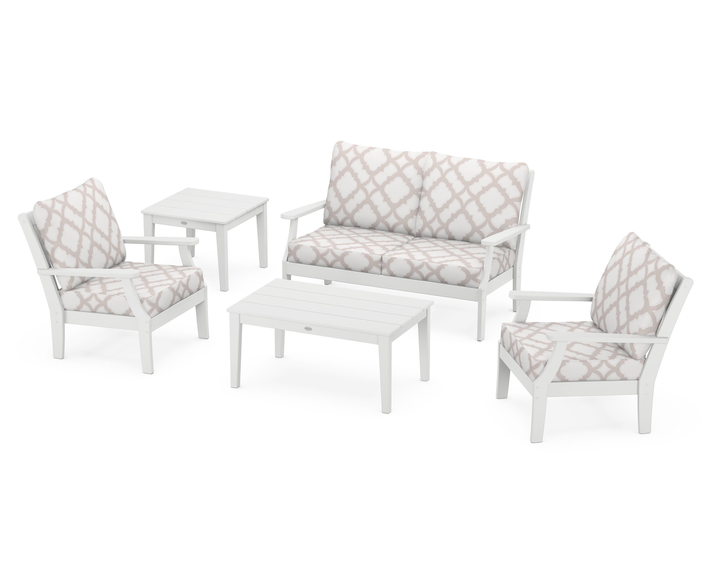 Braxton 5-Piece Deep Seating Set in White / Trellis Dune Burlap