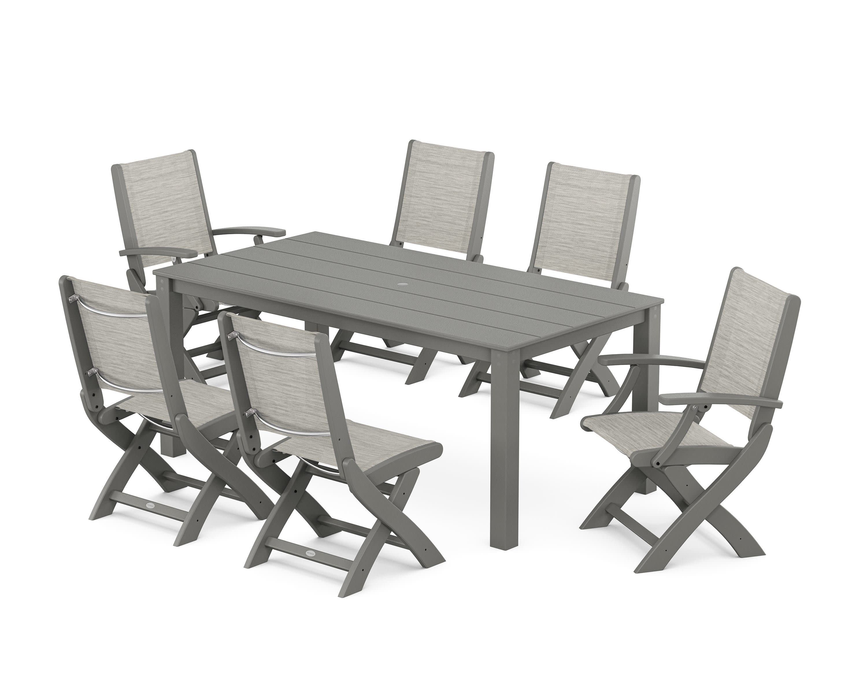 Coastal Folding Chair 7-Piece Parsons Dining Set in Slate Grey / Birch Sling