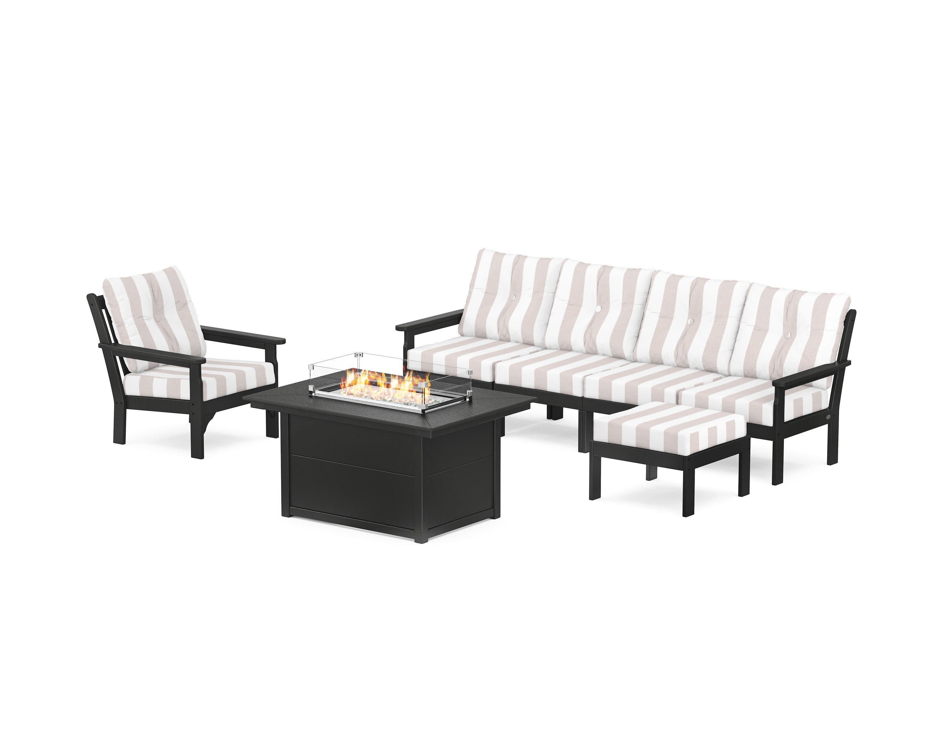 Vineyard Sectional Lounge and Fire Pit Set in Black / Cabana Stripe Dune Burlap