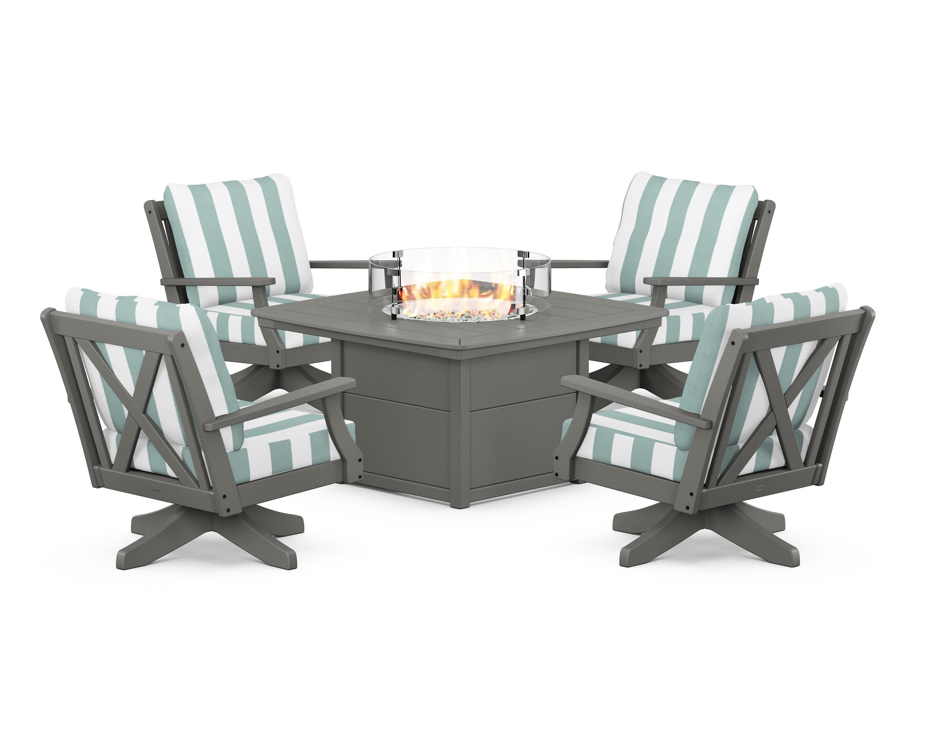 Braxton 5-Piece Deep Seating Swivel Conversation Set with Fire Pit Table in Slate Grey / Cabana Stripe Glacier Spa
