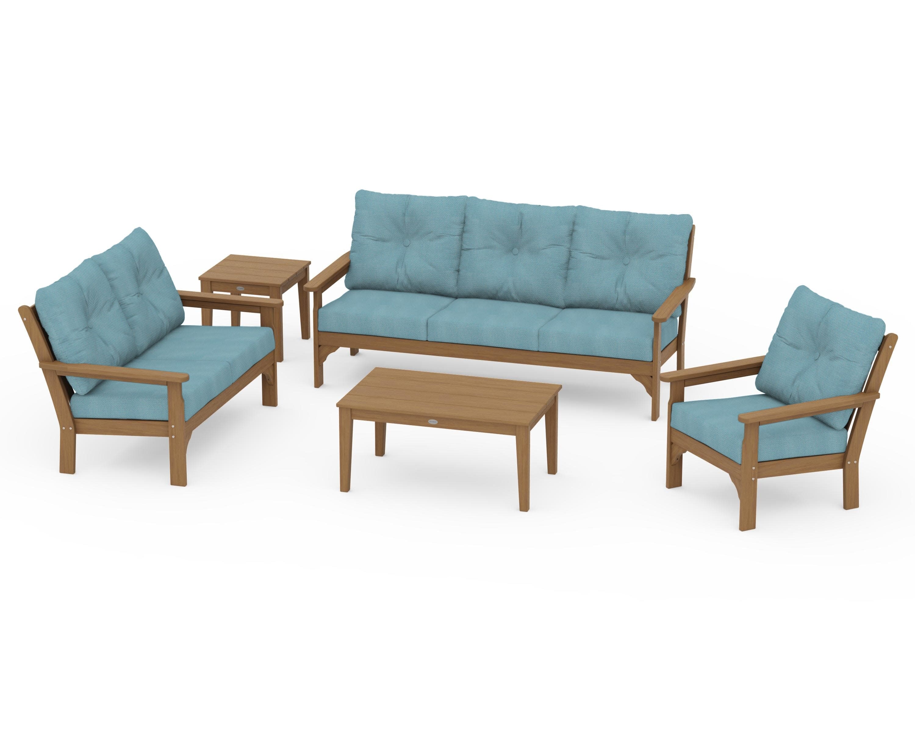 Vineyard 5 Piece Deep Seating Set in Natural / Lattice Sky Blue