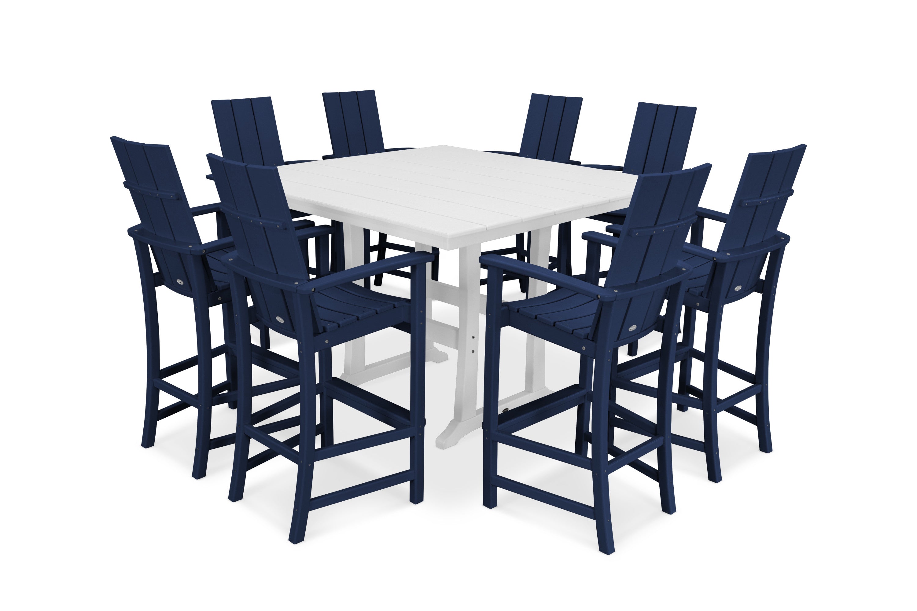 Modern Adirondack 9-Piece Farmhouse Trestle Bar Set in Navy / White