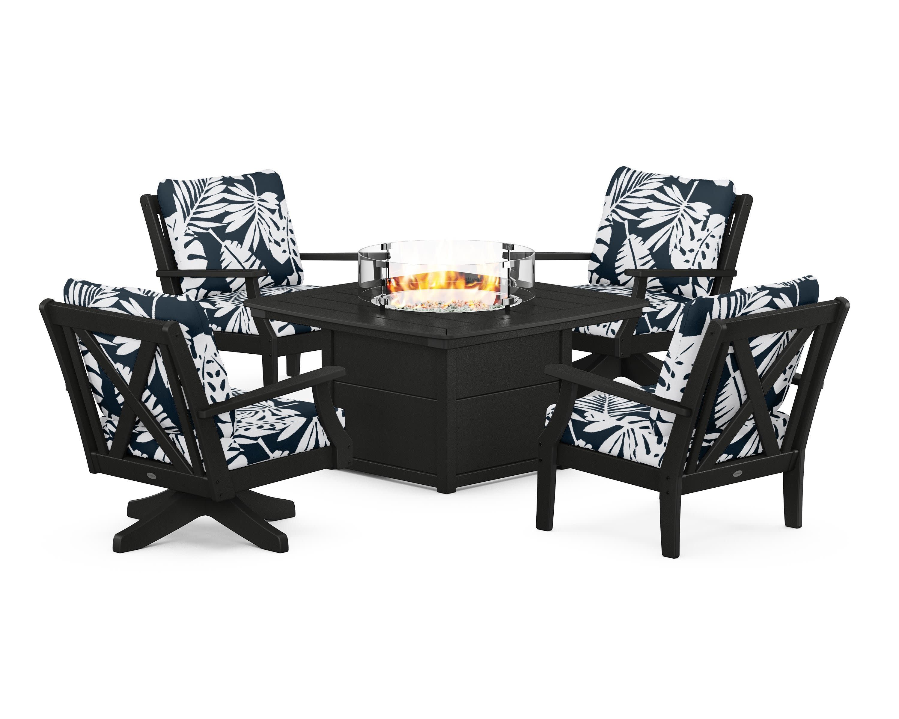 Braxton 5-Piece Deep Seating Set with Fire Table in Black / Leaf Marine Indigo