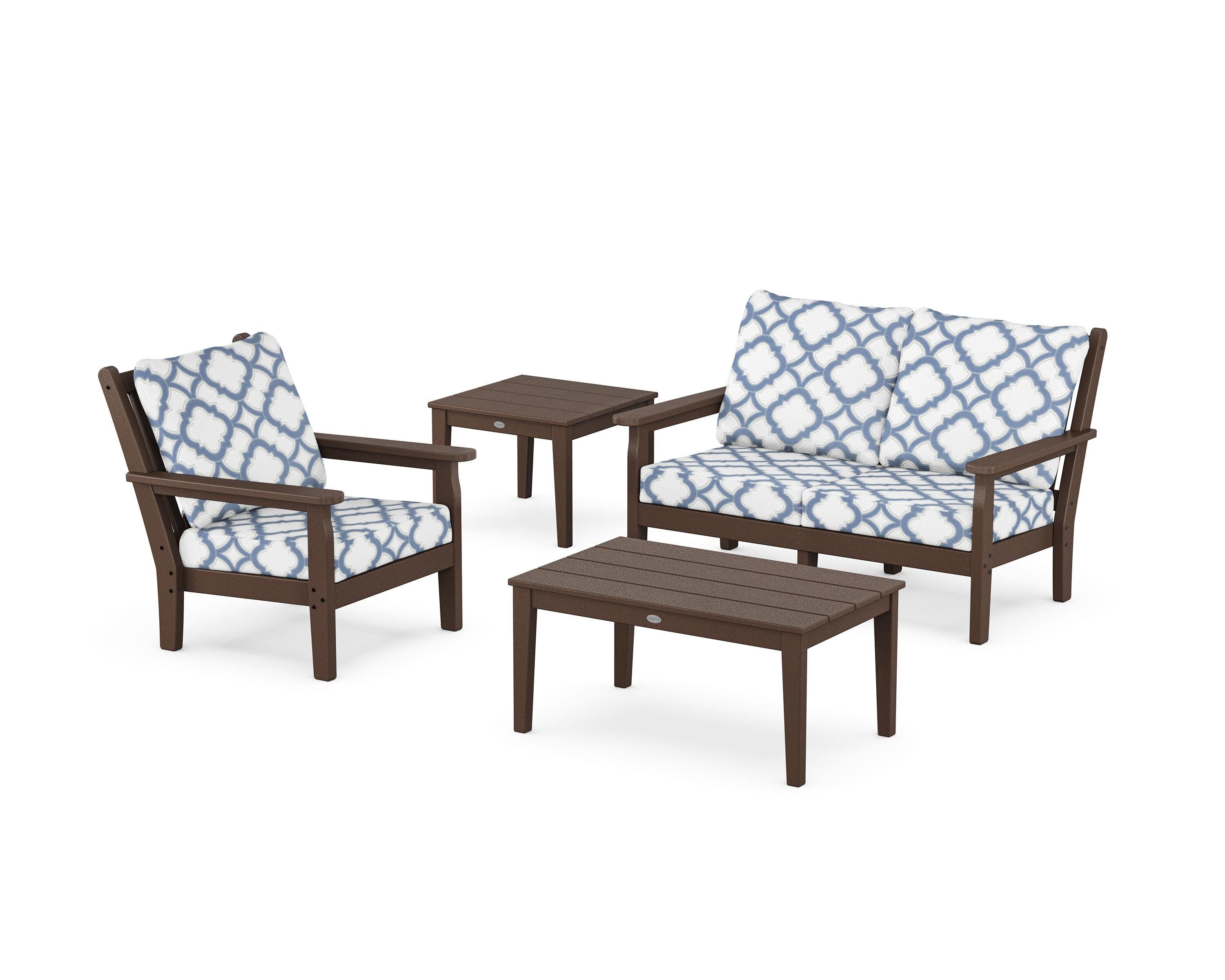 Chippendale 4-Piece Deep Seating Set in Mahogany / Trellis Sky Blue